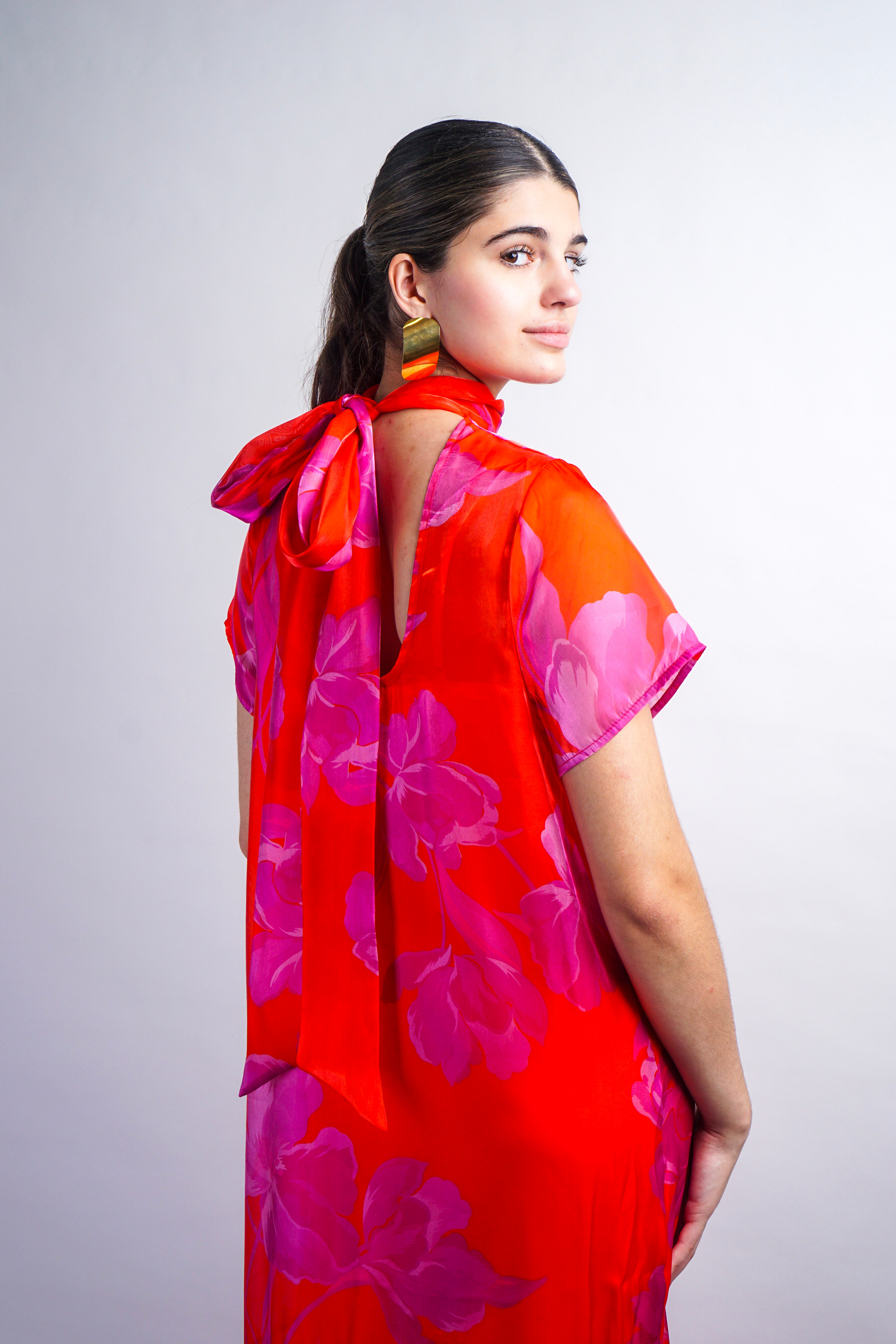 Red-Fuchsia Organza Mock Neck Maxi Dress