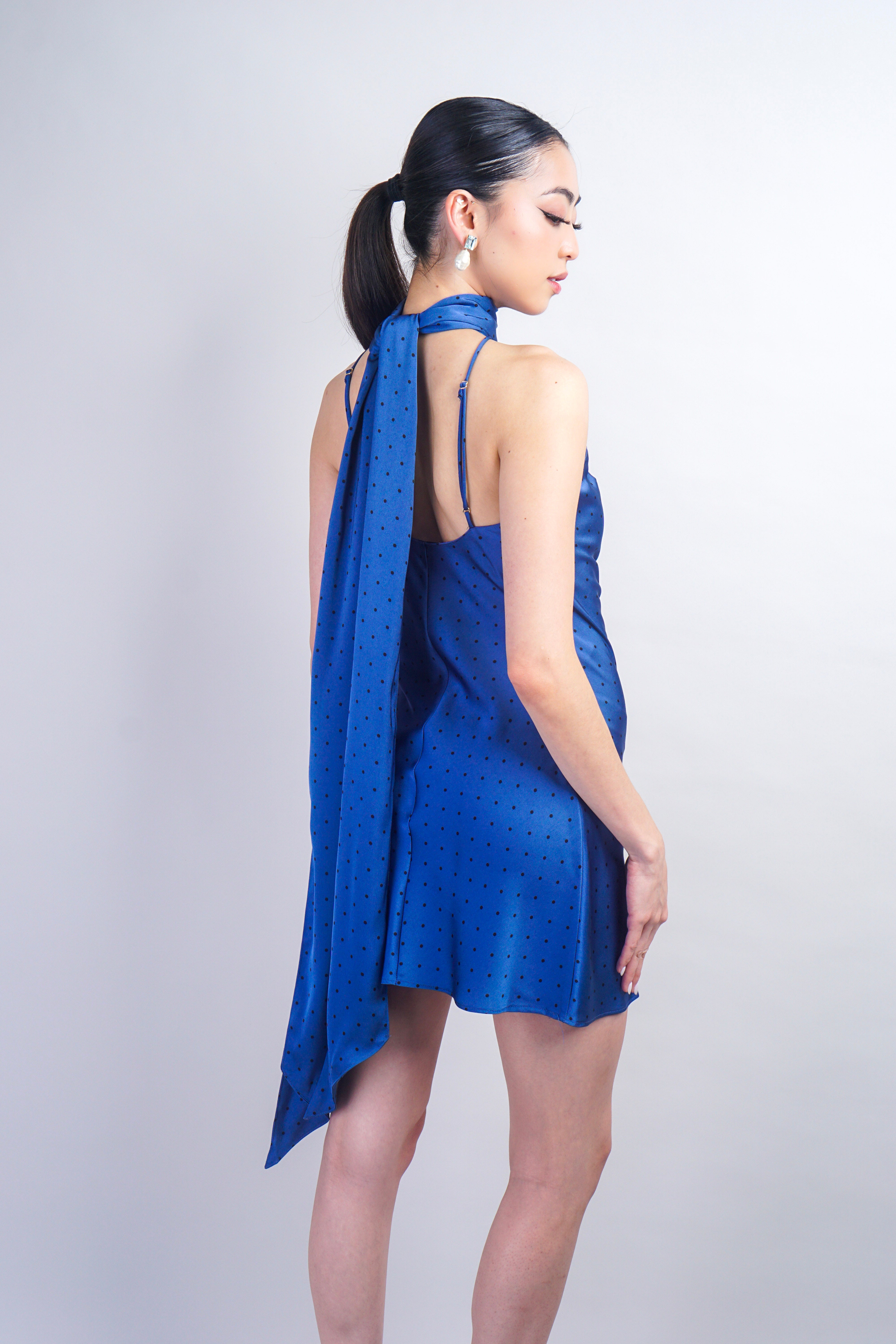 Blue Mini Slip Polka Dot Bias Dress With Scarf