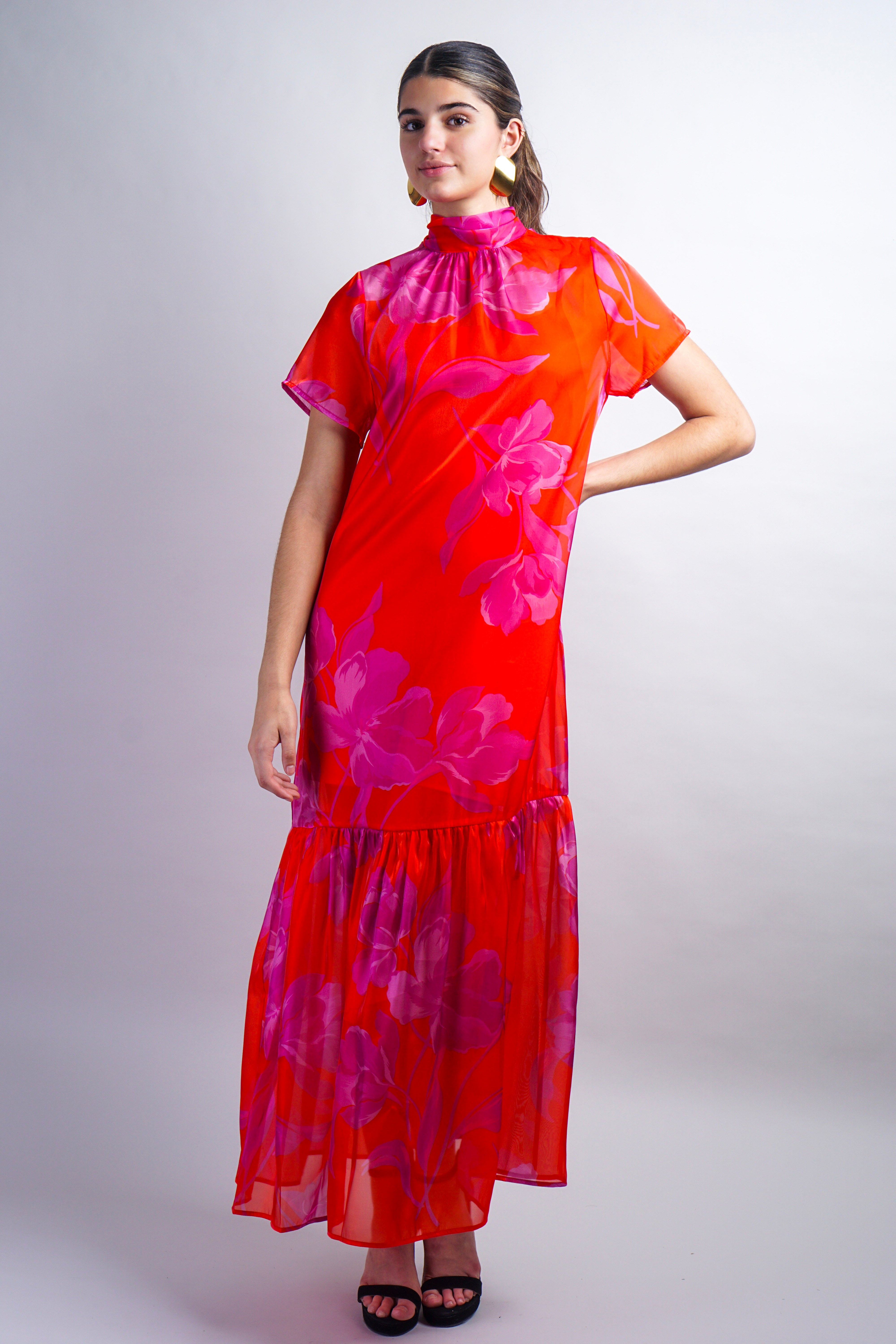 Red-Fuchsia Organza Mock Neck Maxi Dress