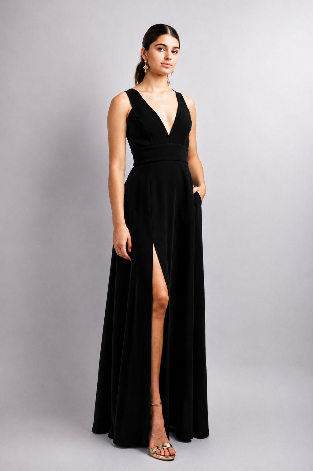 Black V Neck Front Slit Soraya Gown