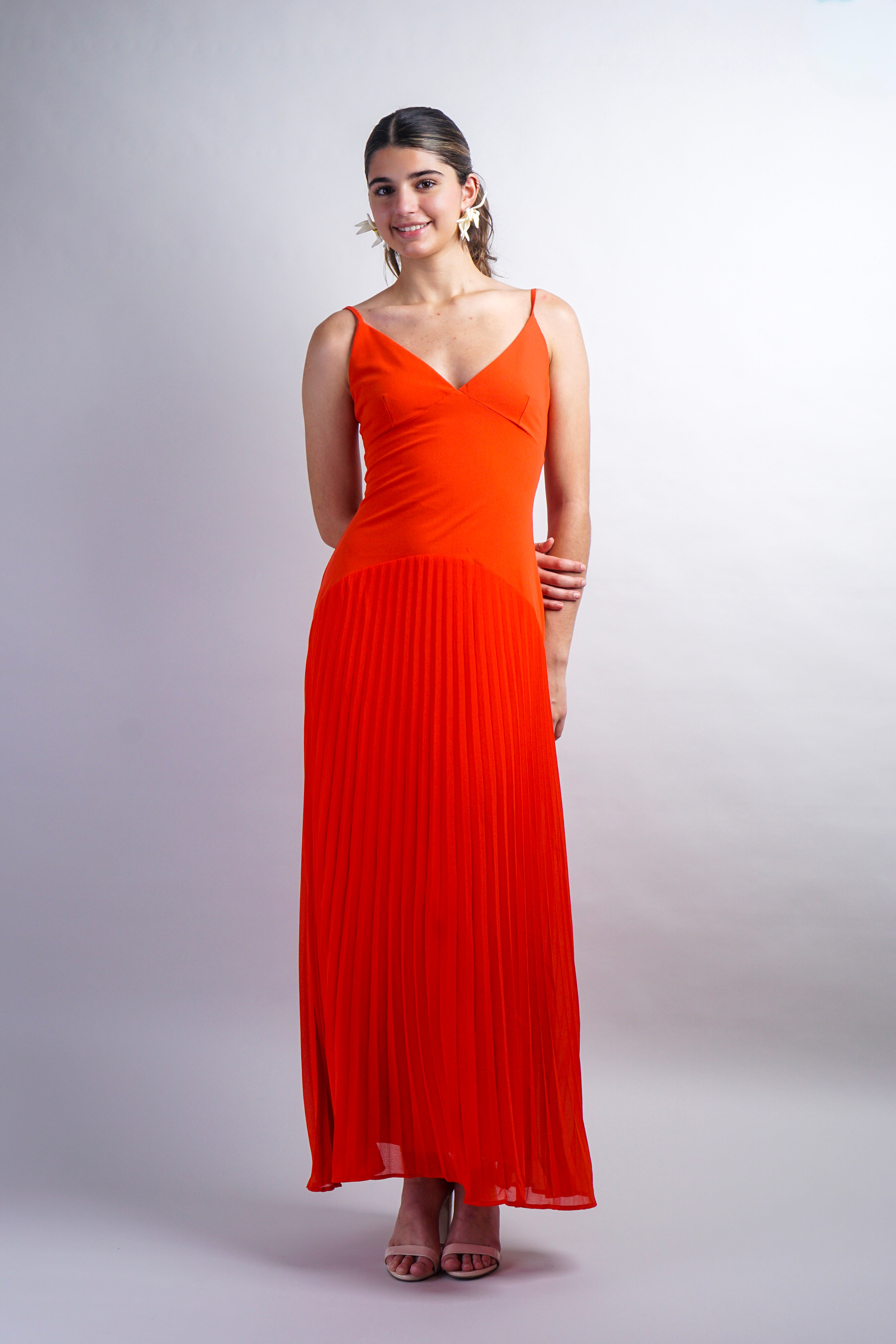 Orange Drop Waist Pleated Midi Dress