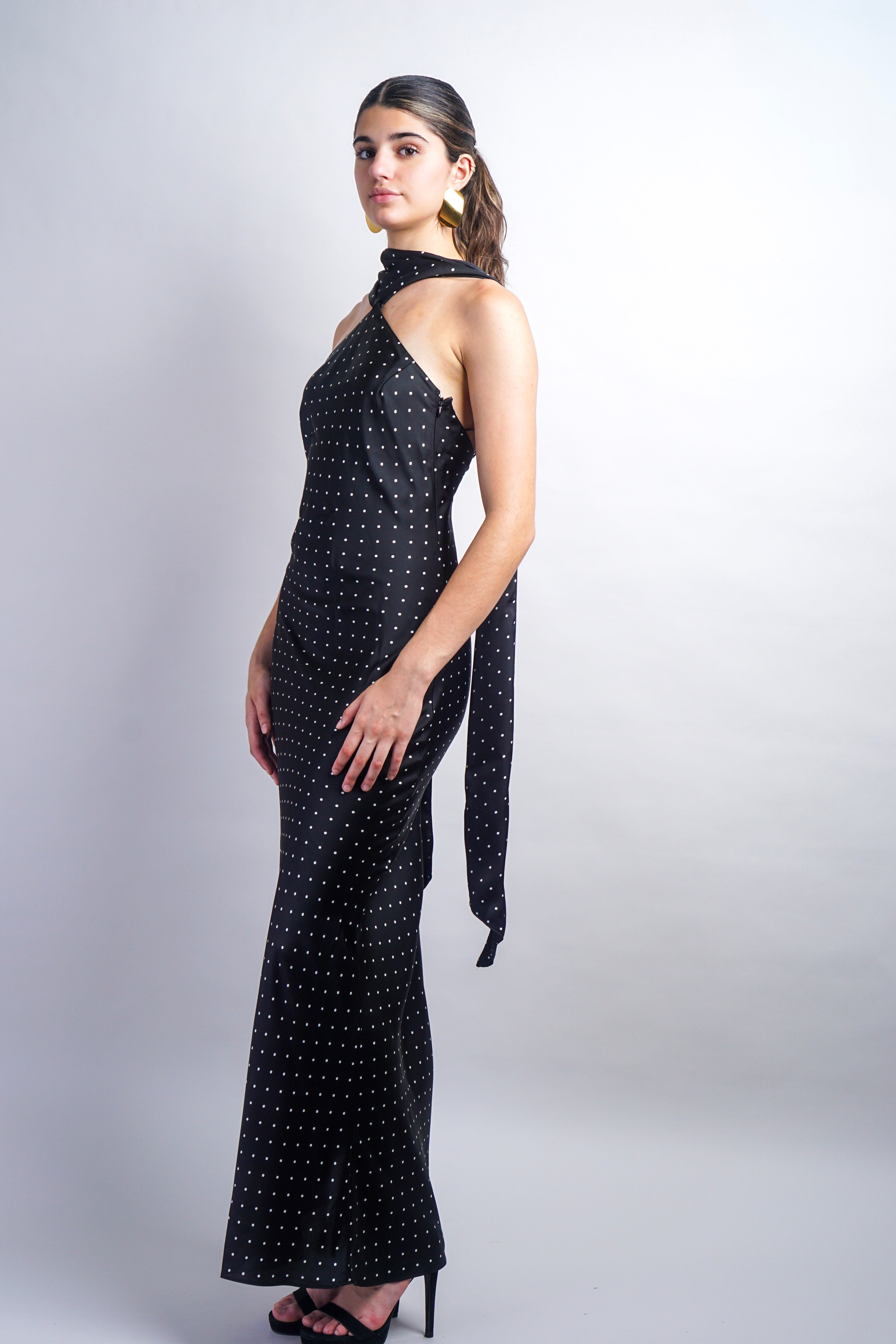 Black Magdalena Dress - Polka Dot Bias Maxi Dress With Scarf