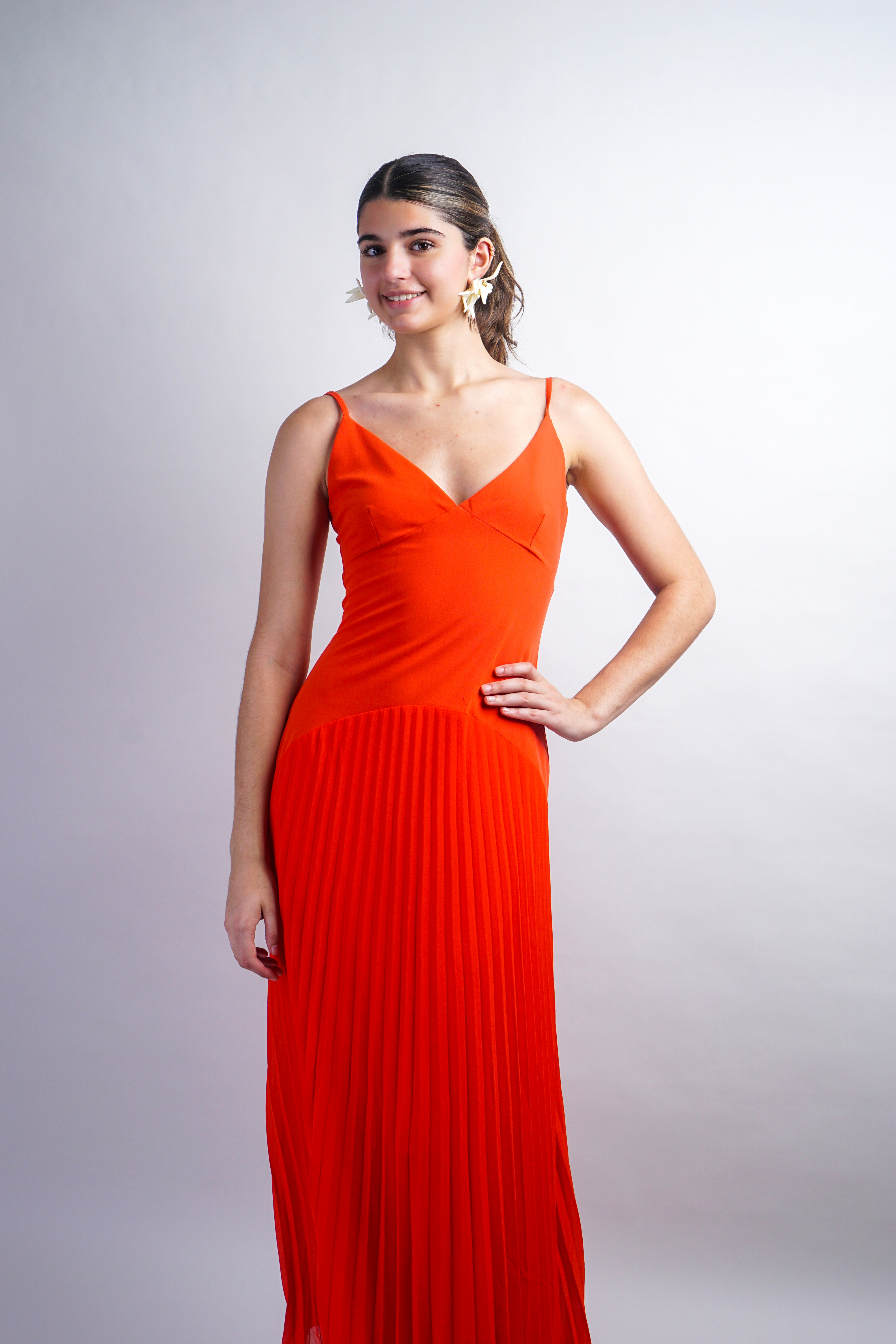 Orange Drop Waist Pleated Midi Dress