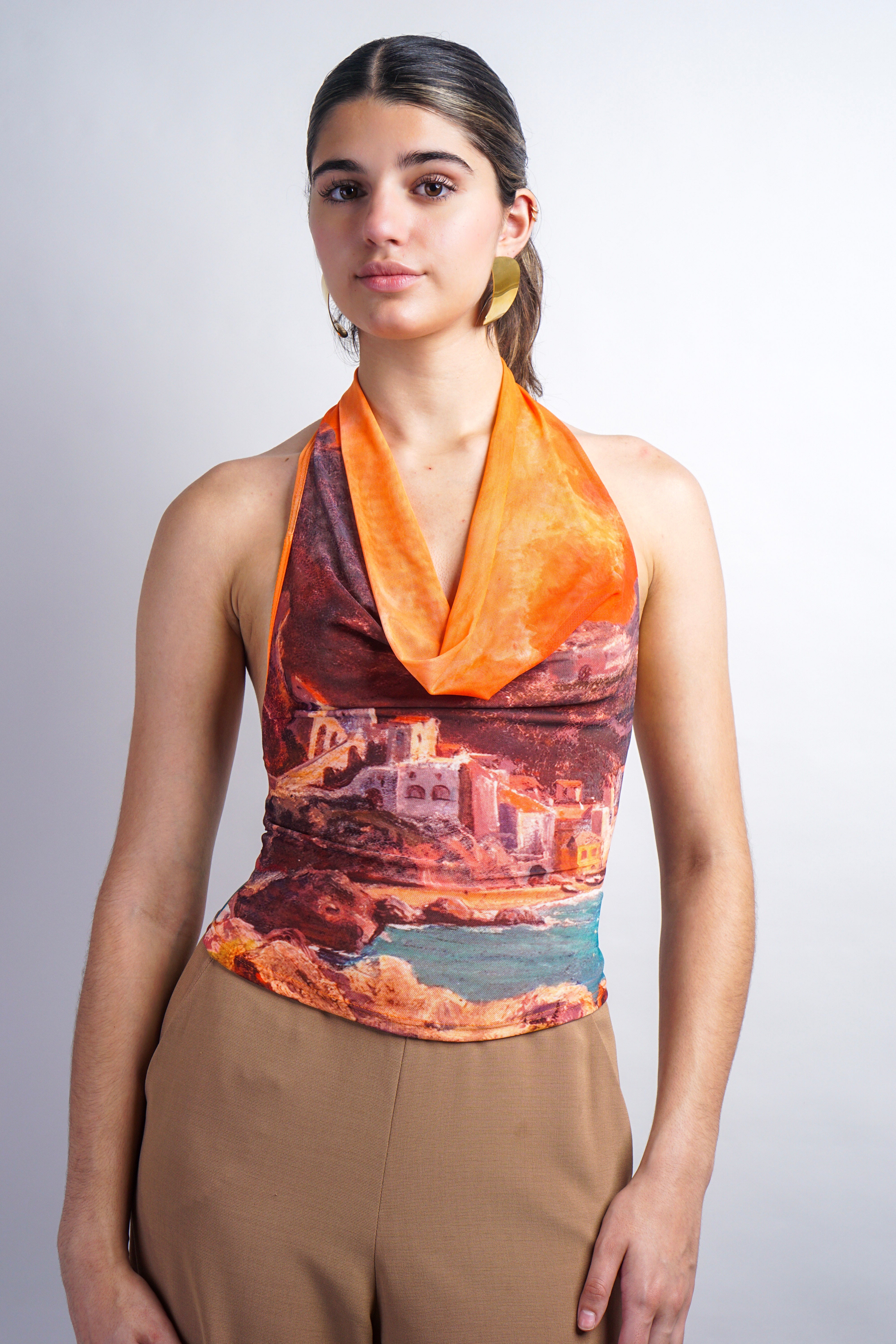 Sunset Riviera Border Cowl Mesh Top