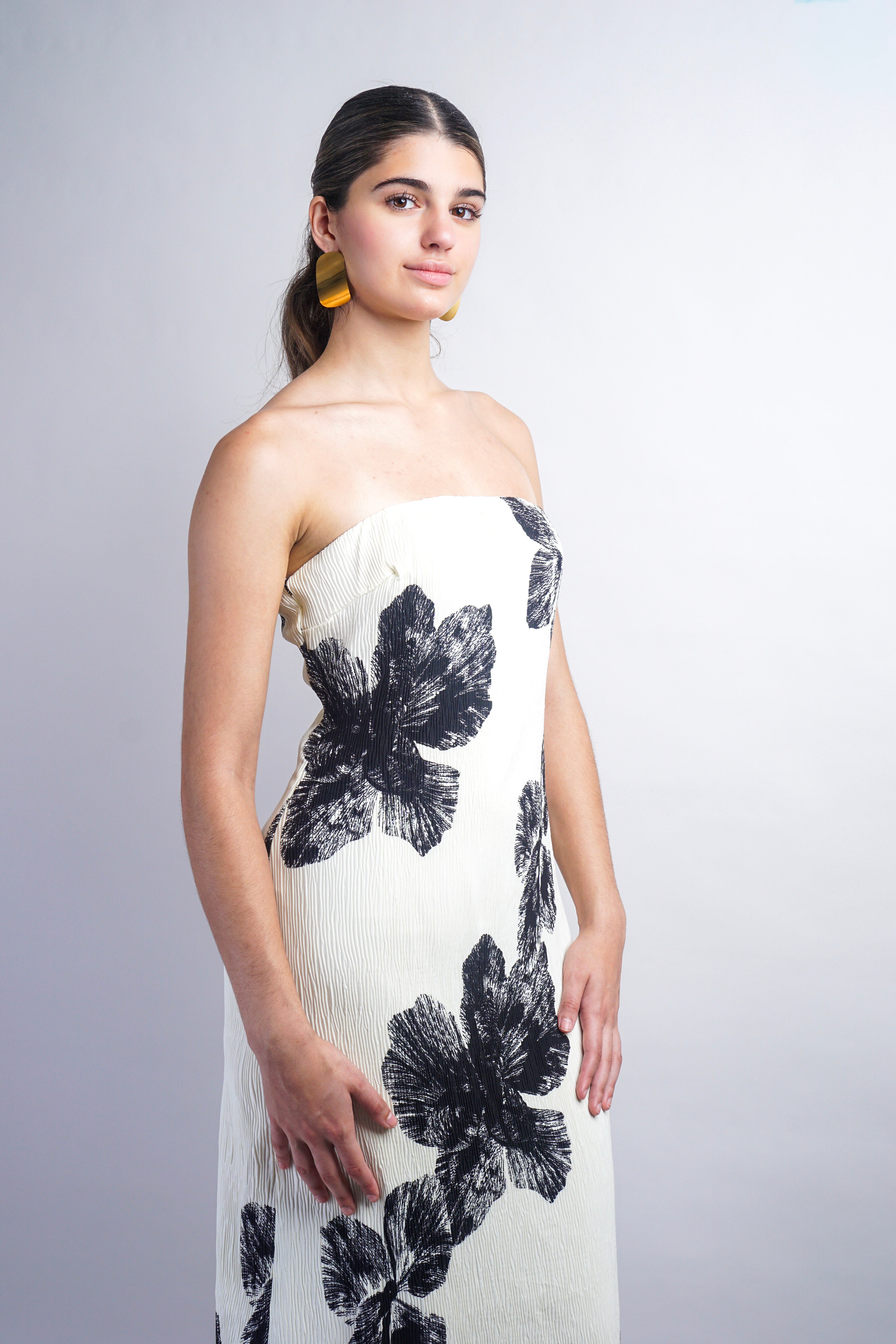 Ivory/Black Strapless Floral Maxi Dress