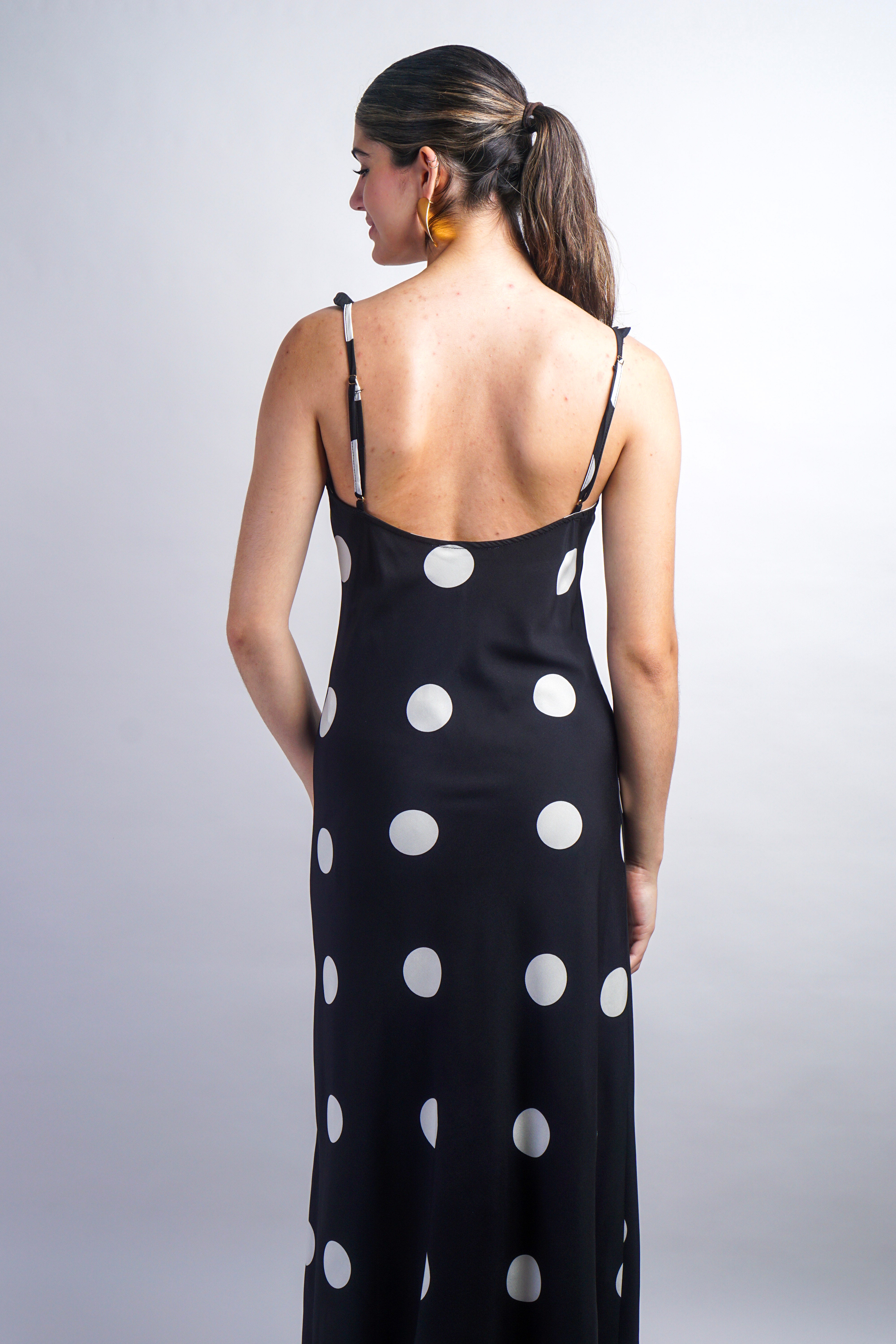 Black Piper Dress - Satin Midi Slip Dress In Dot