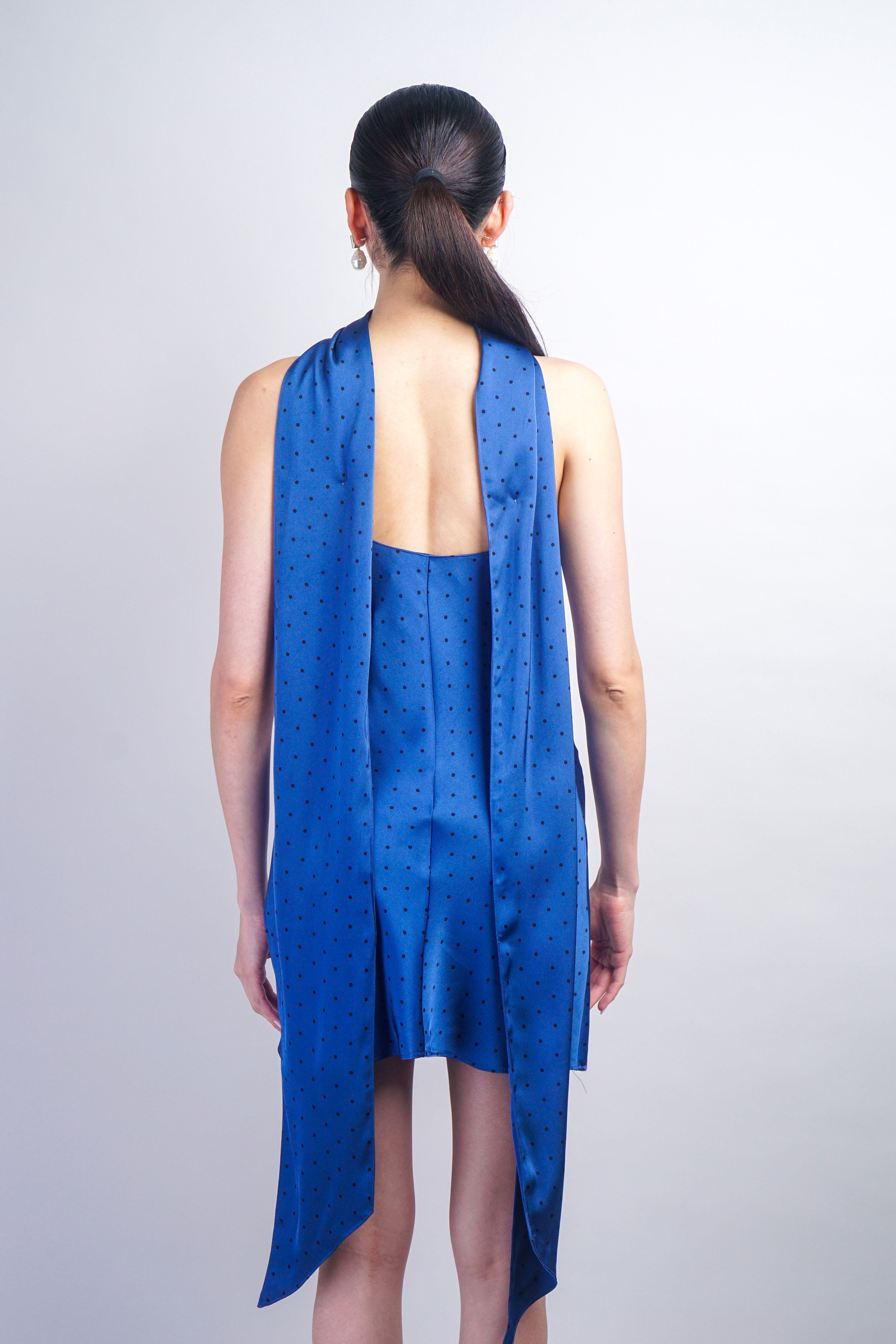 Blue Mini Slip Polka Dot Bias Dress With Scarf