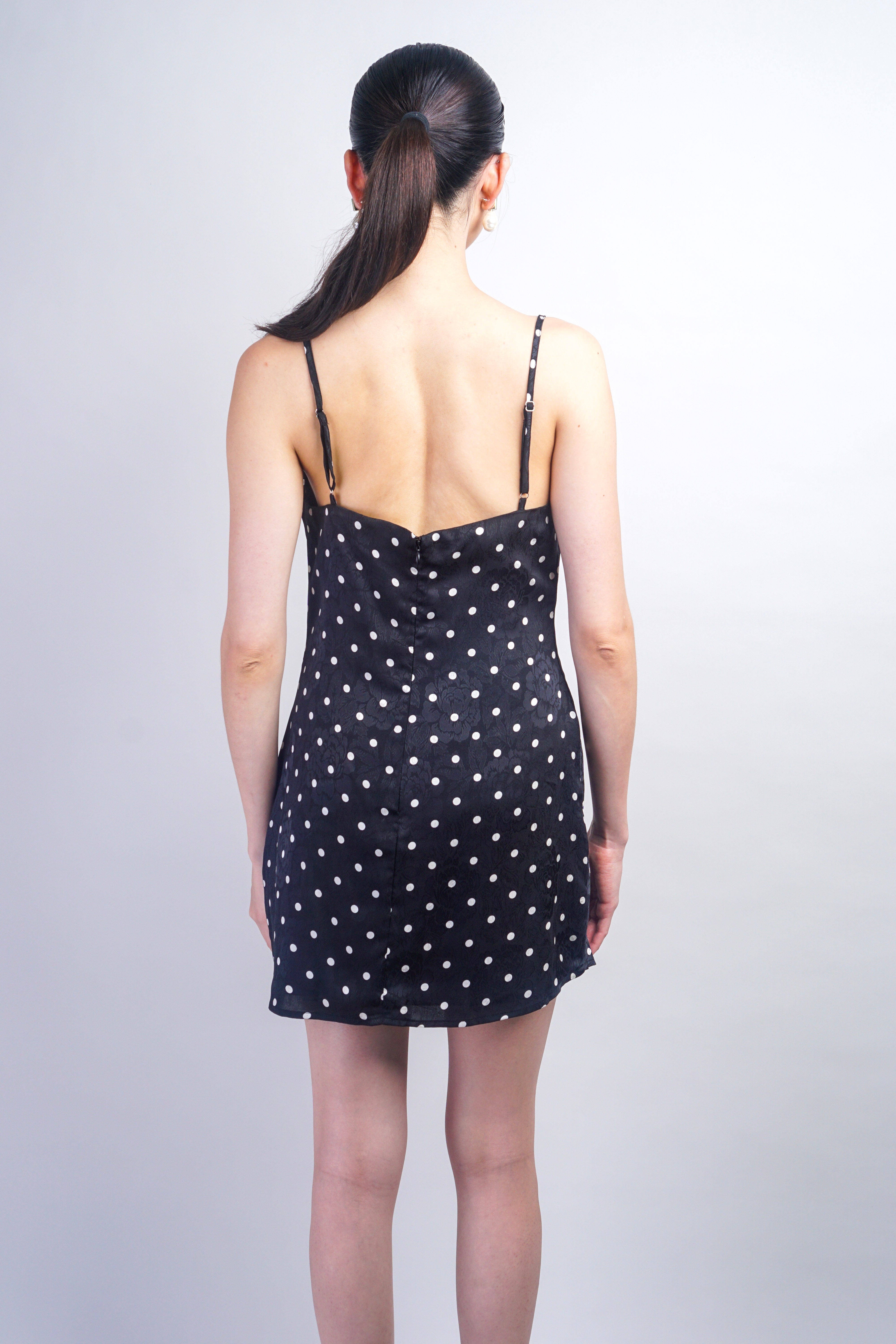Black Floral Polka Dot Cowl Neck Bias Mini Dress