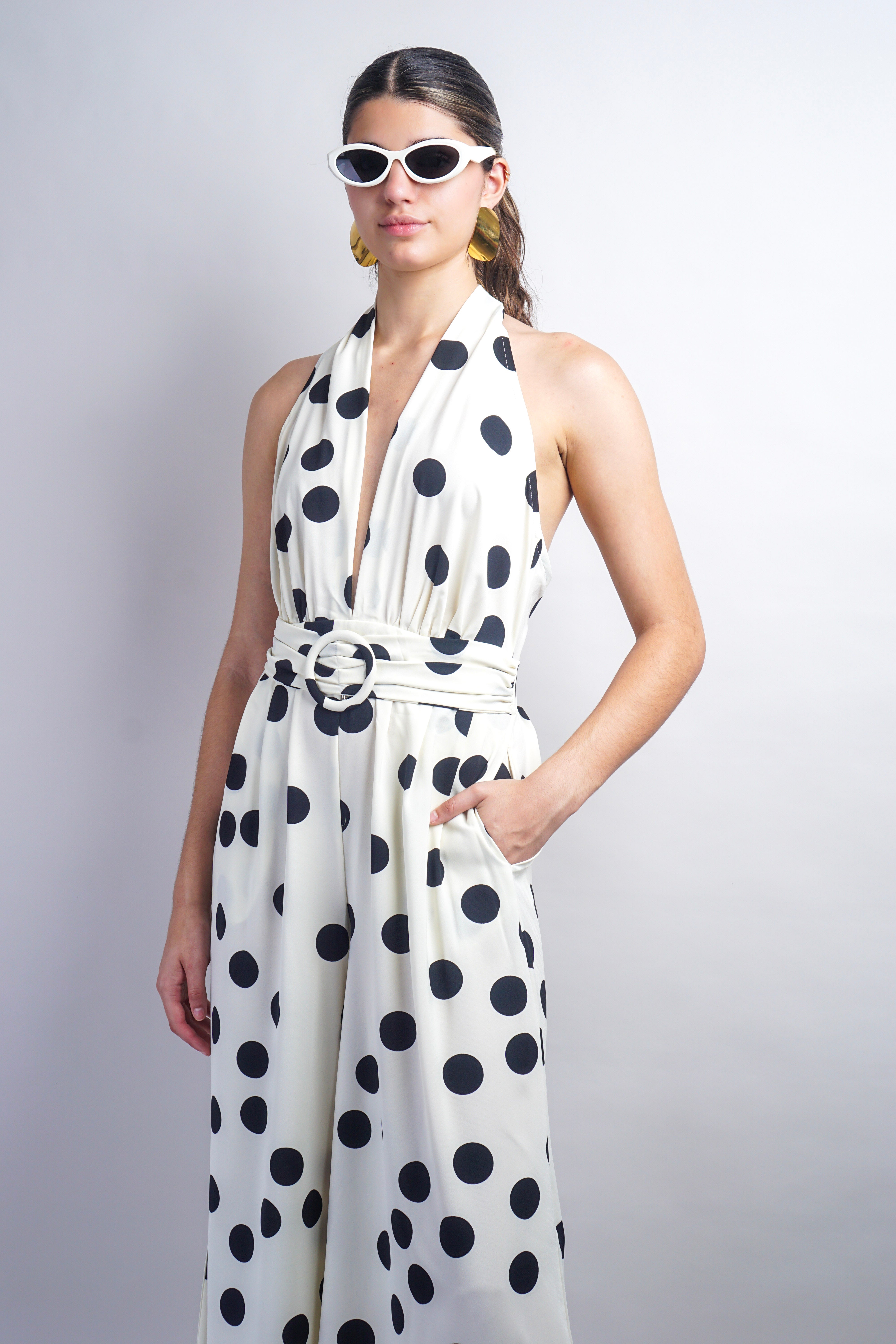 Polka Dot Halter Neck Waist Belt Jumpsuit