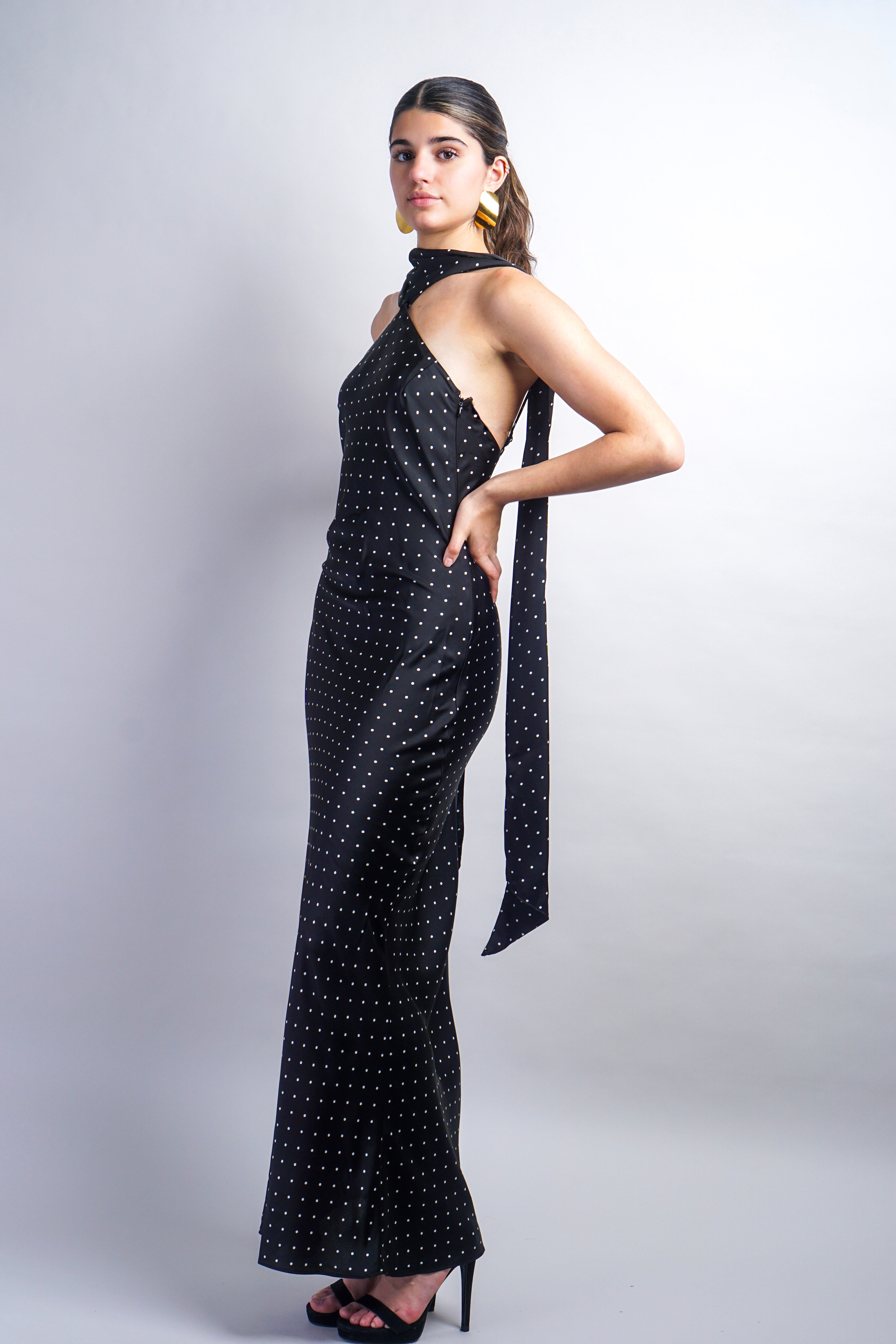 Black Magdalena Dress - Polka Dot Bias Maxi Dress With Scarf