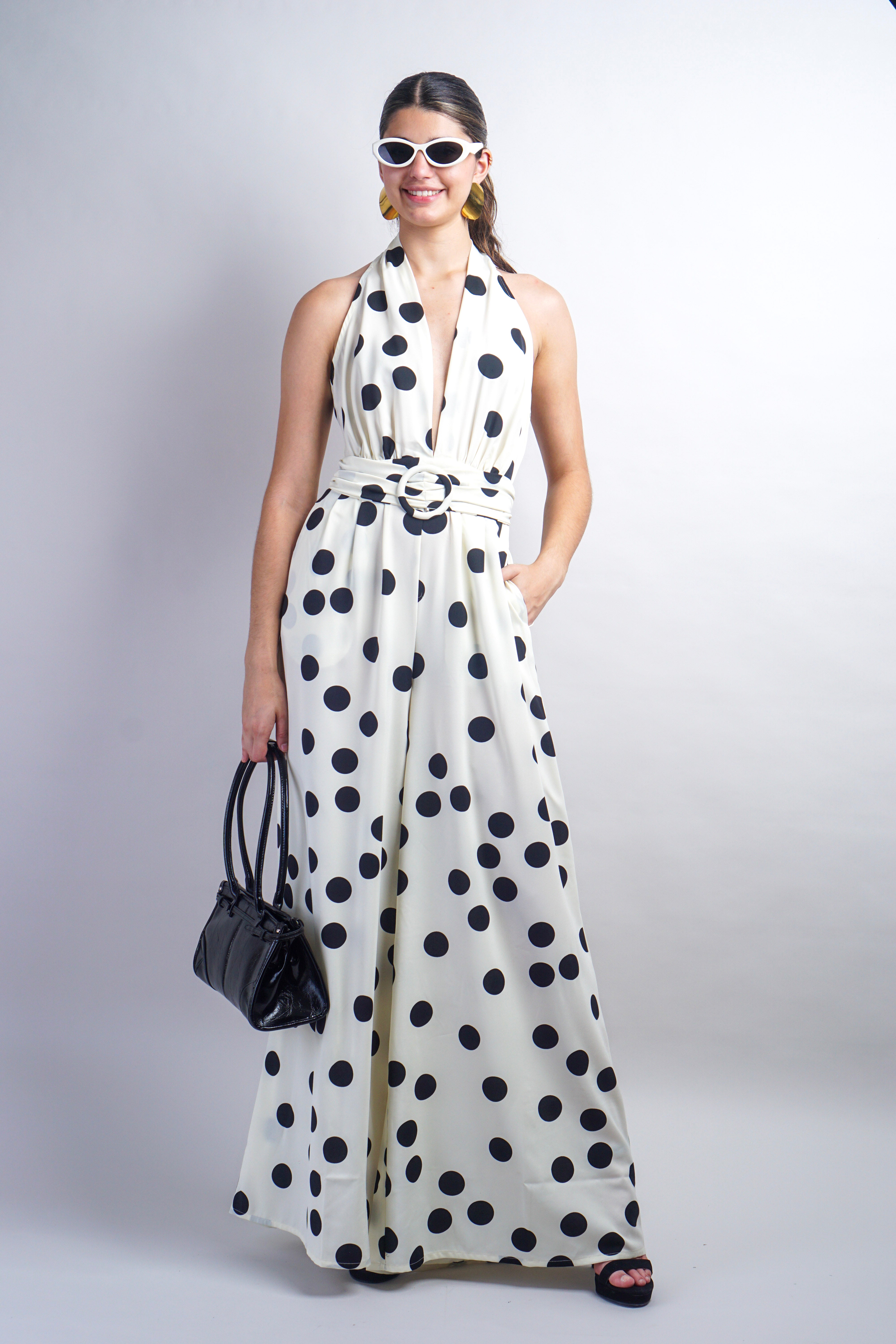 Polka Dot Halter Neck Waist Belt Jumpsuit