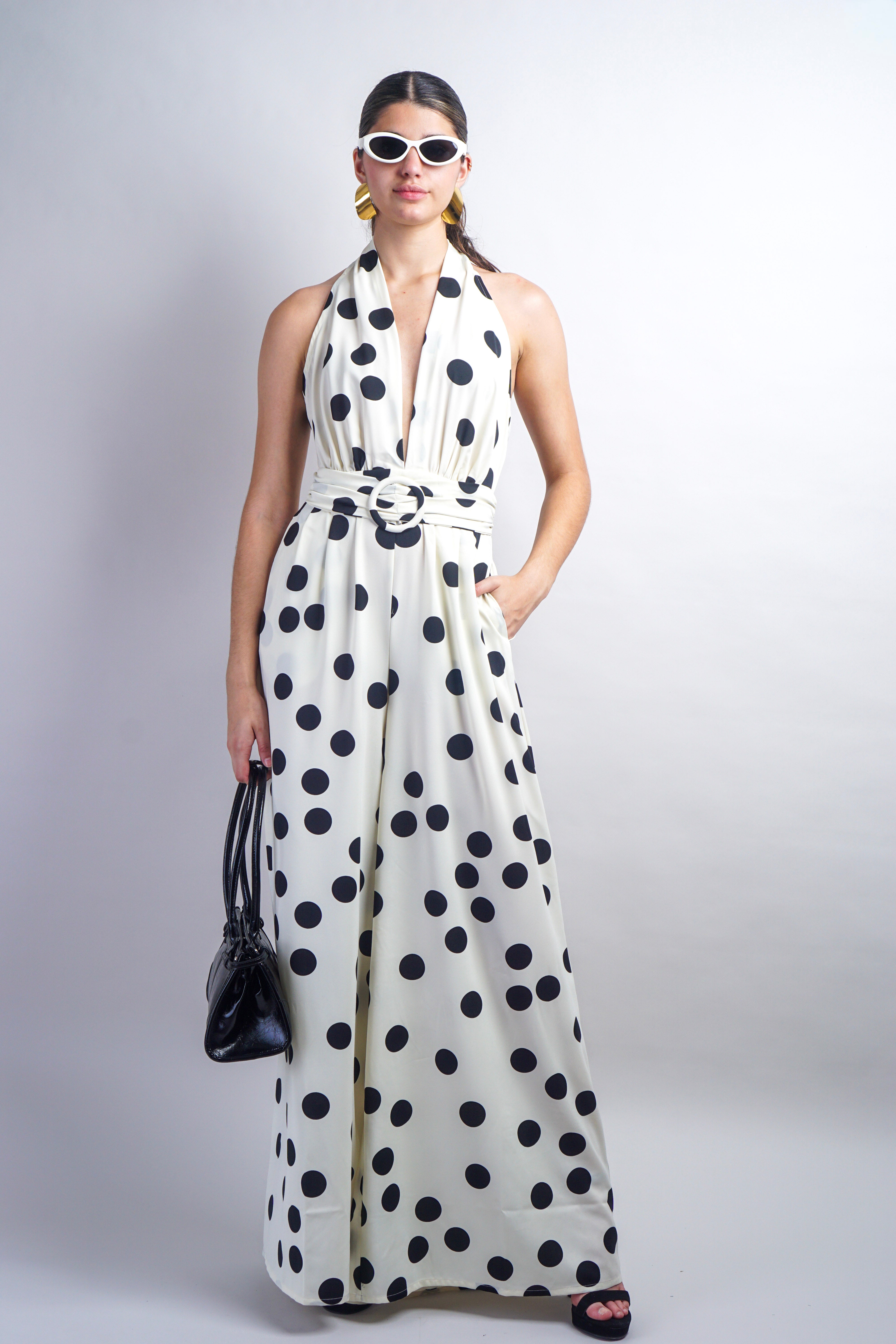 Polka Dot Halter Neck Waist Belt Jumpsuit