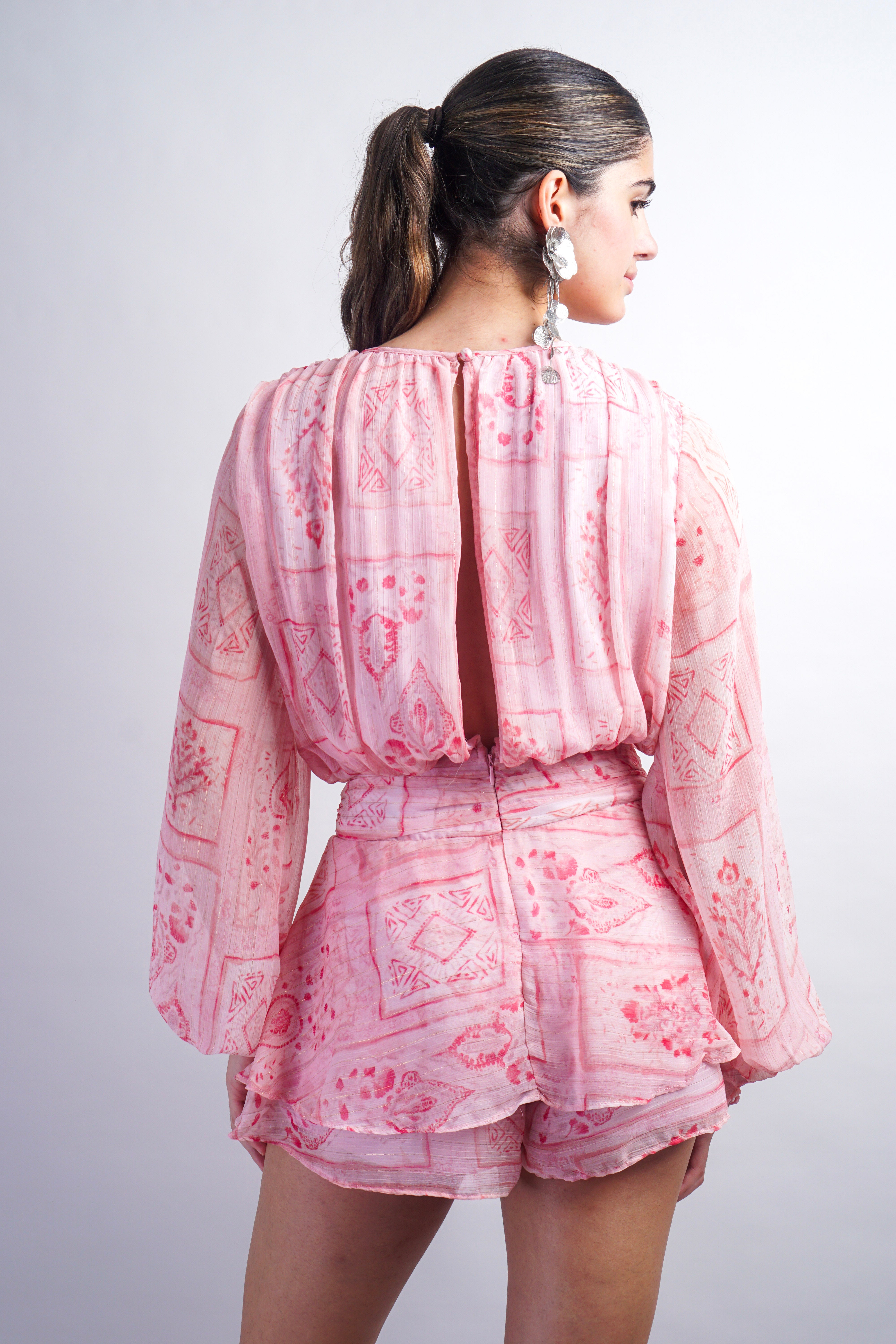 Pink Printed Long Sleeve Tied Romper