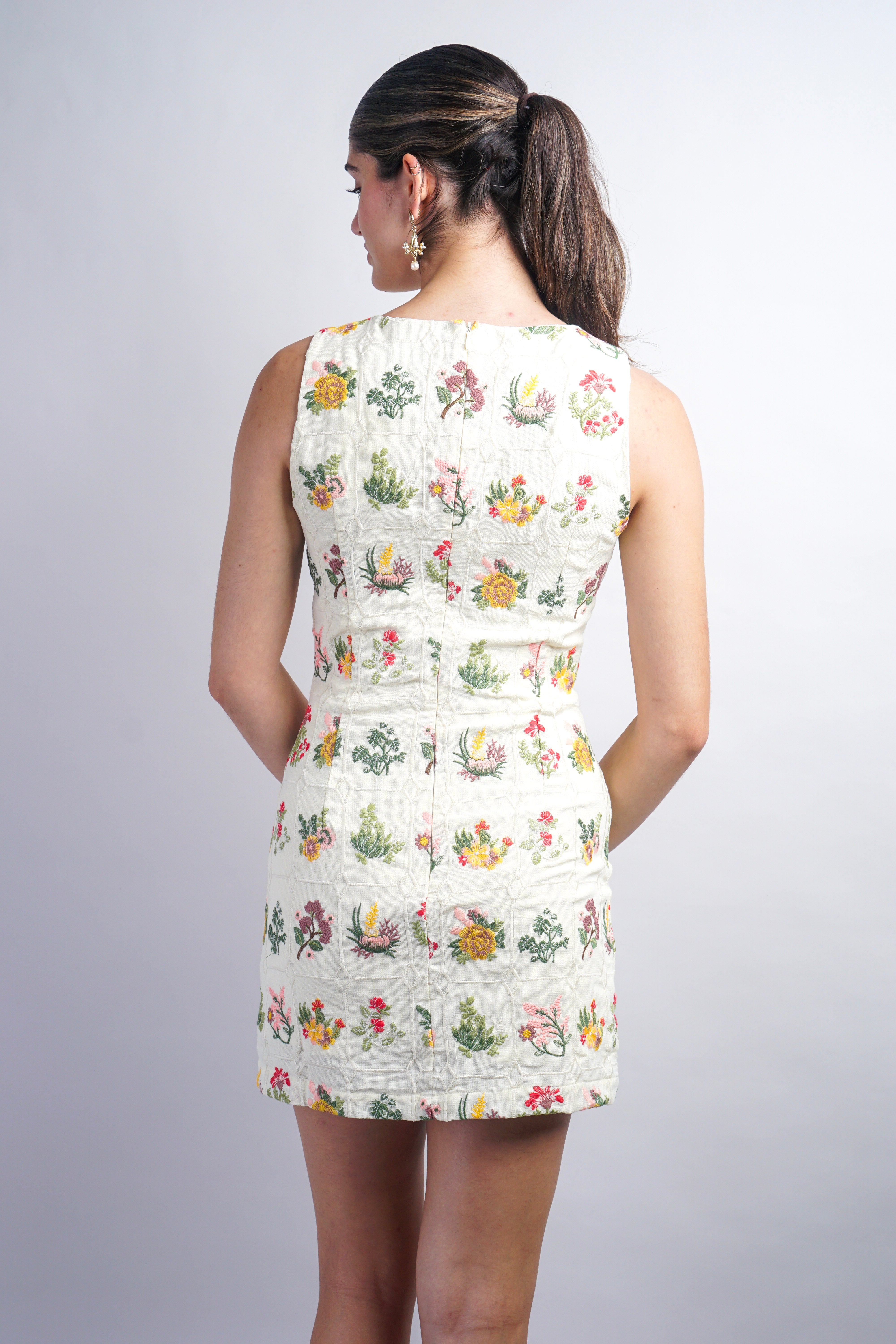 Cream Grid Embroidered Flower Sleeveless Mini Dress