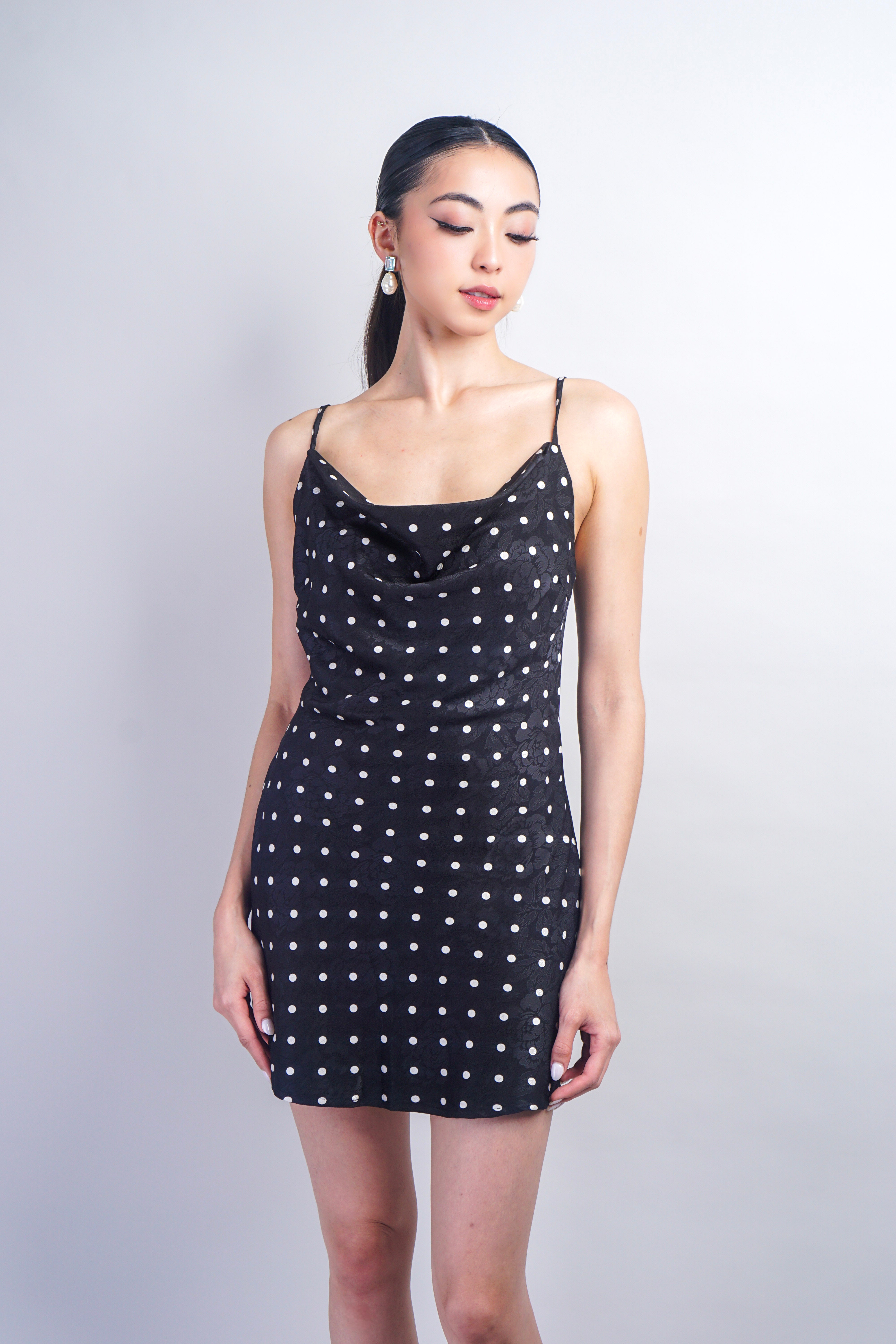 Black Floral Polka Dot Cowl Neck Bias Mini Dress