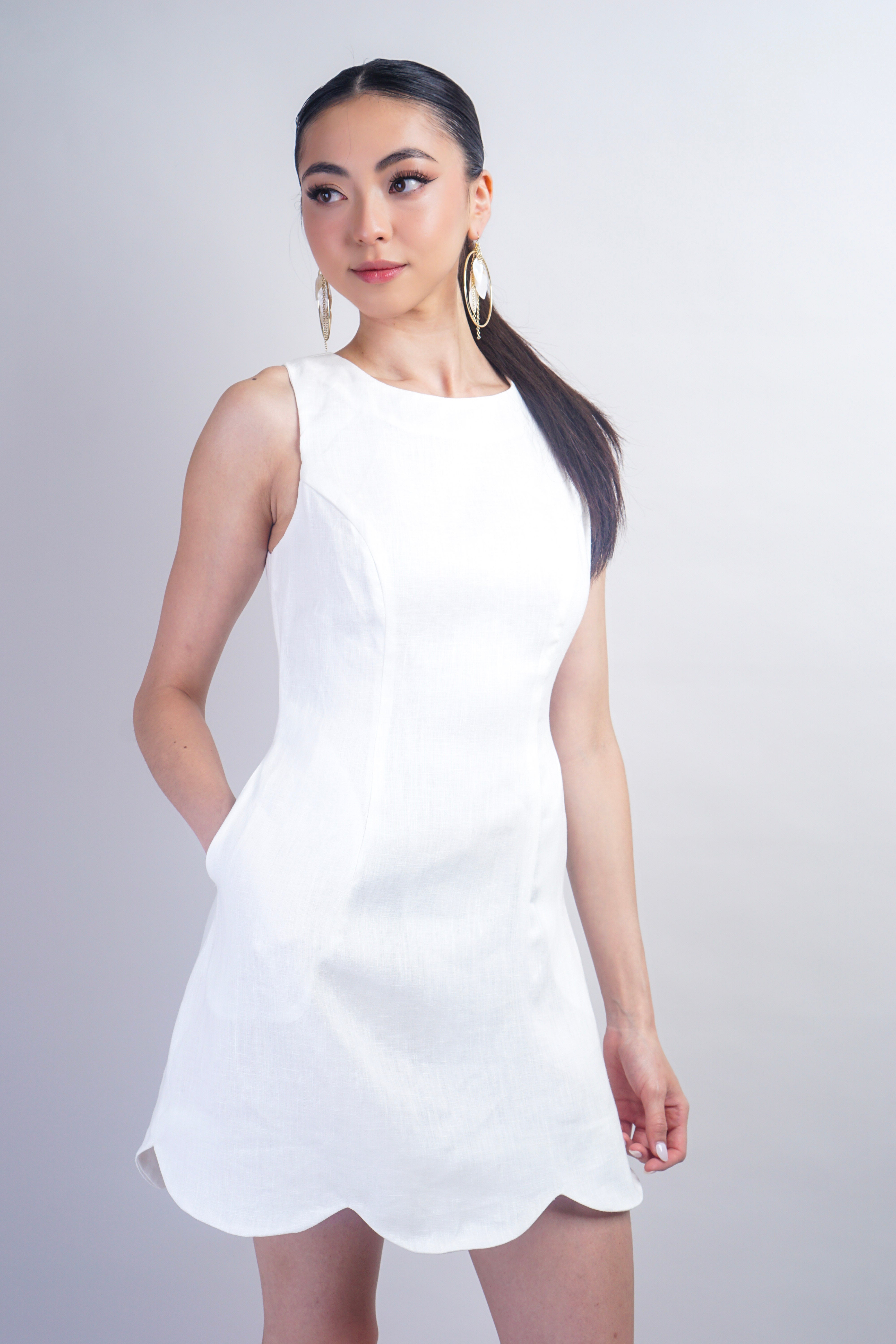White Scallop Linen Mini Dress