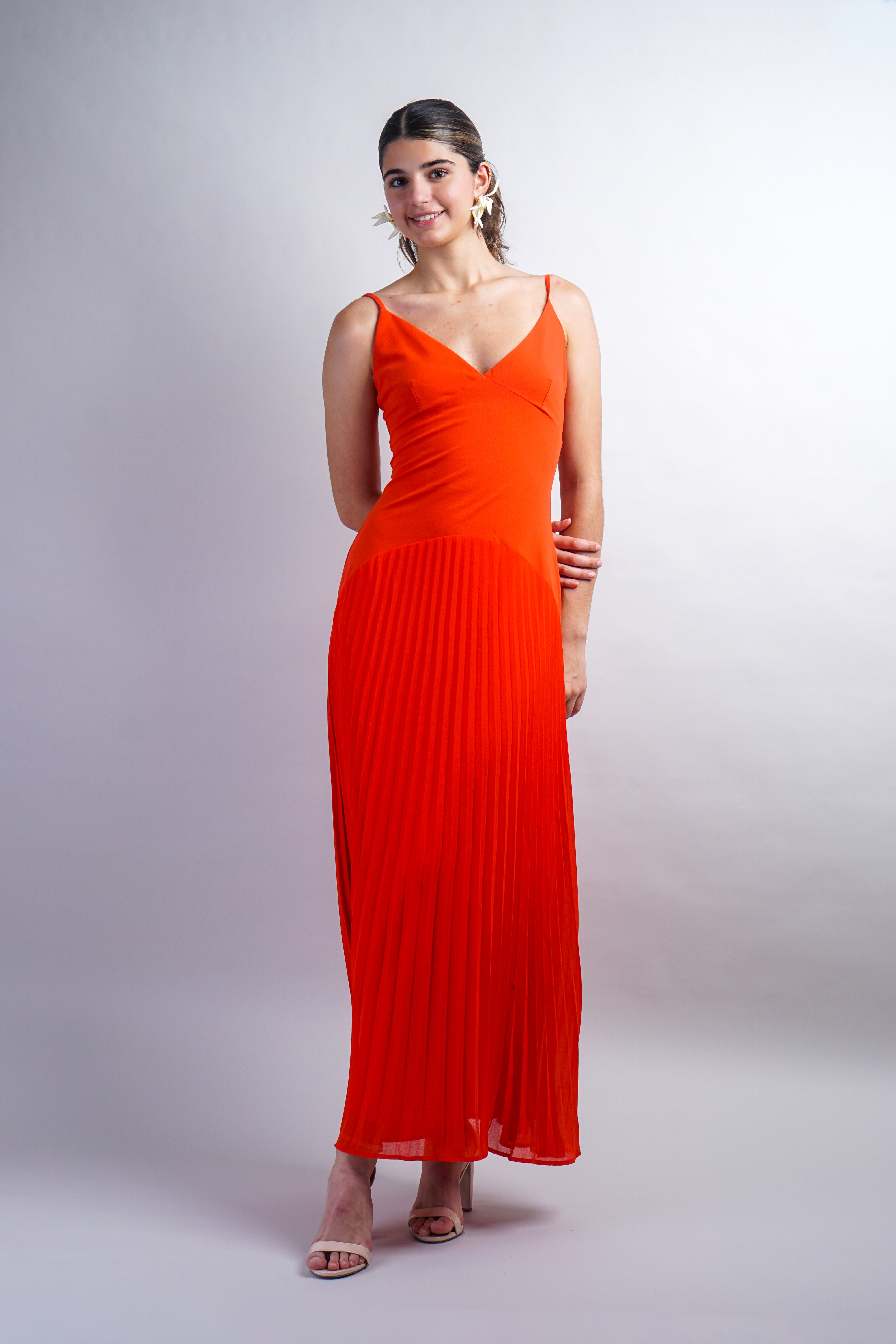 Orange Drop Waist Pleated Midi Dress