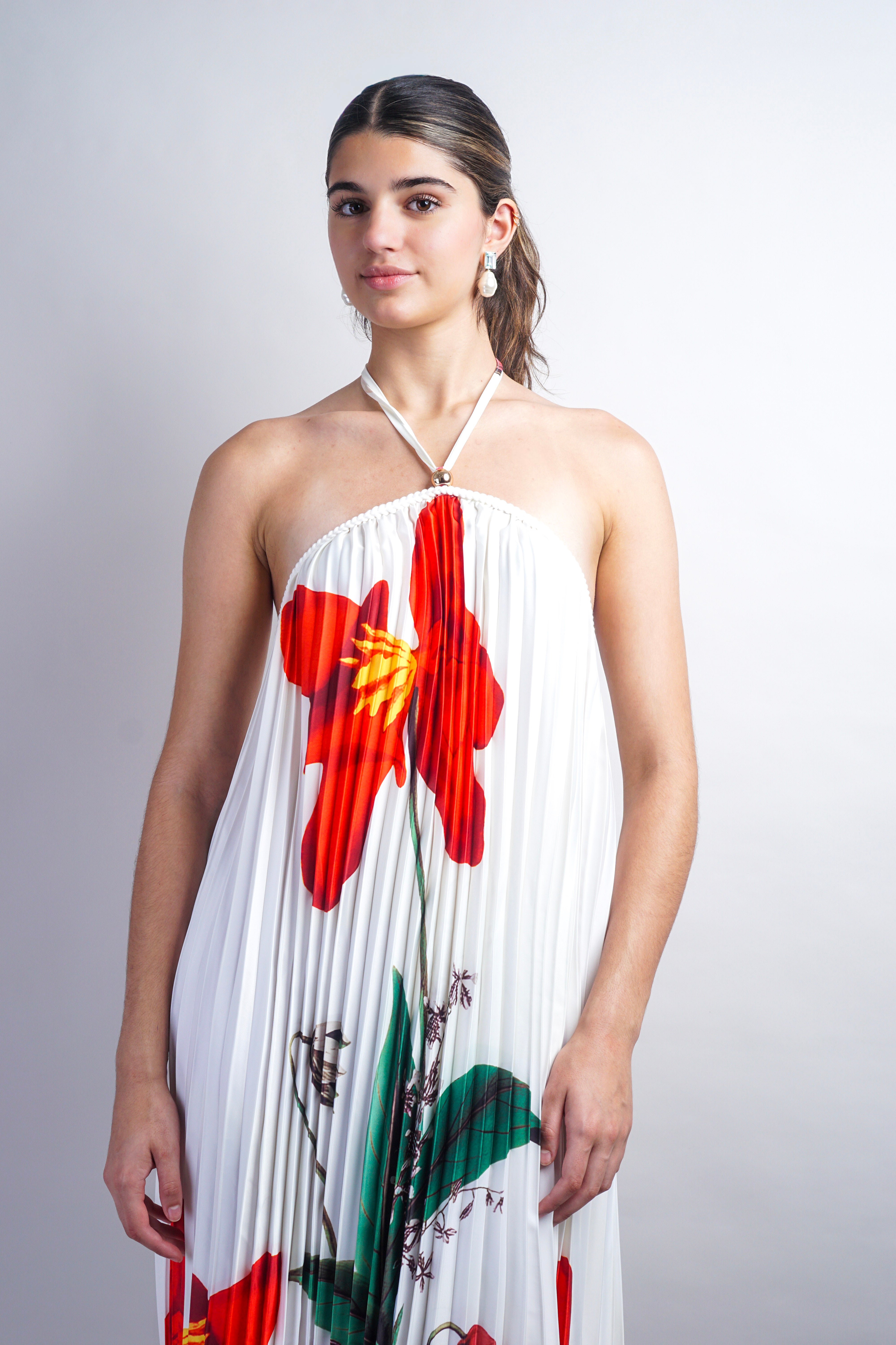 Off White Printed Braid String Halter Pleated Dress
