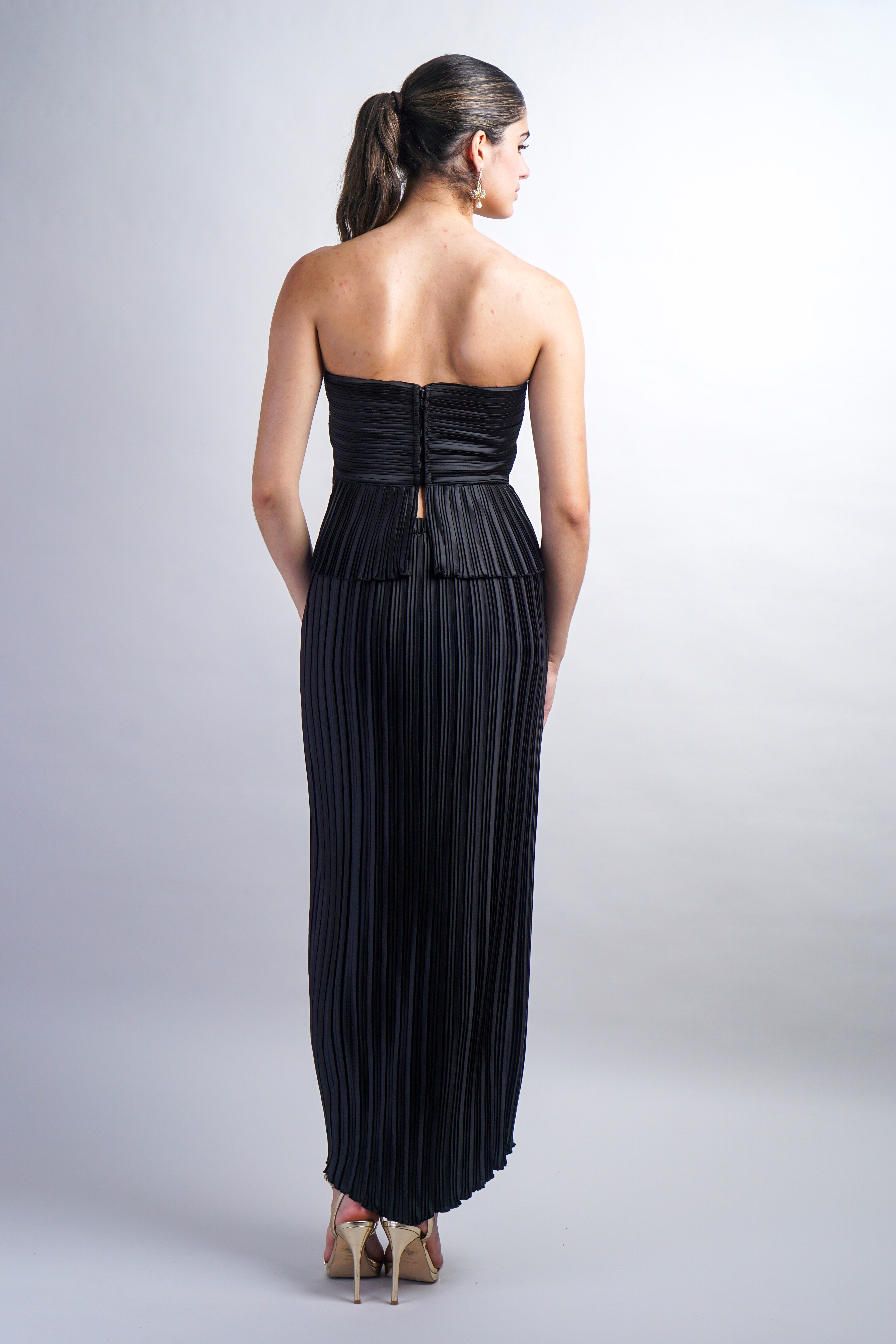 Black Pleated Ruffle Strapless Top and Pencil Skirt Set