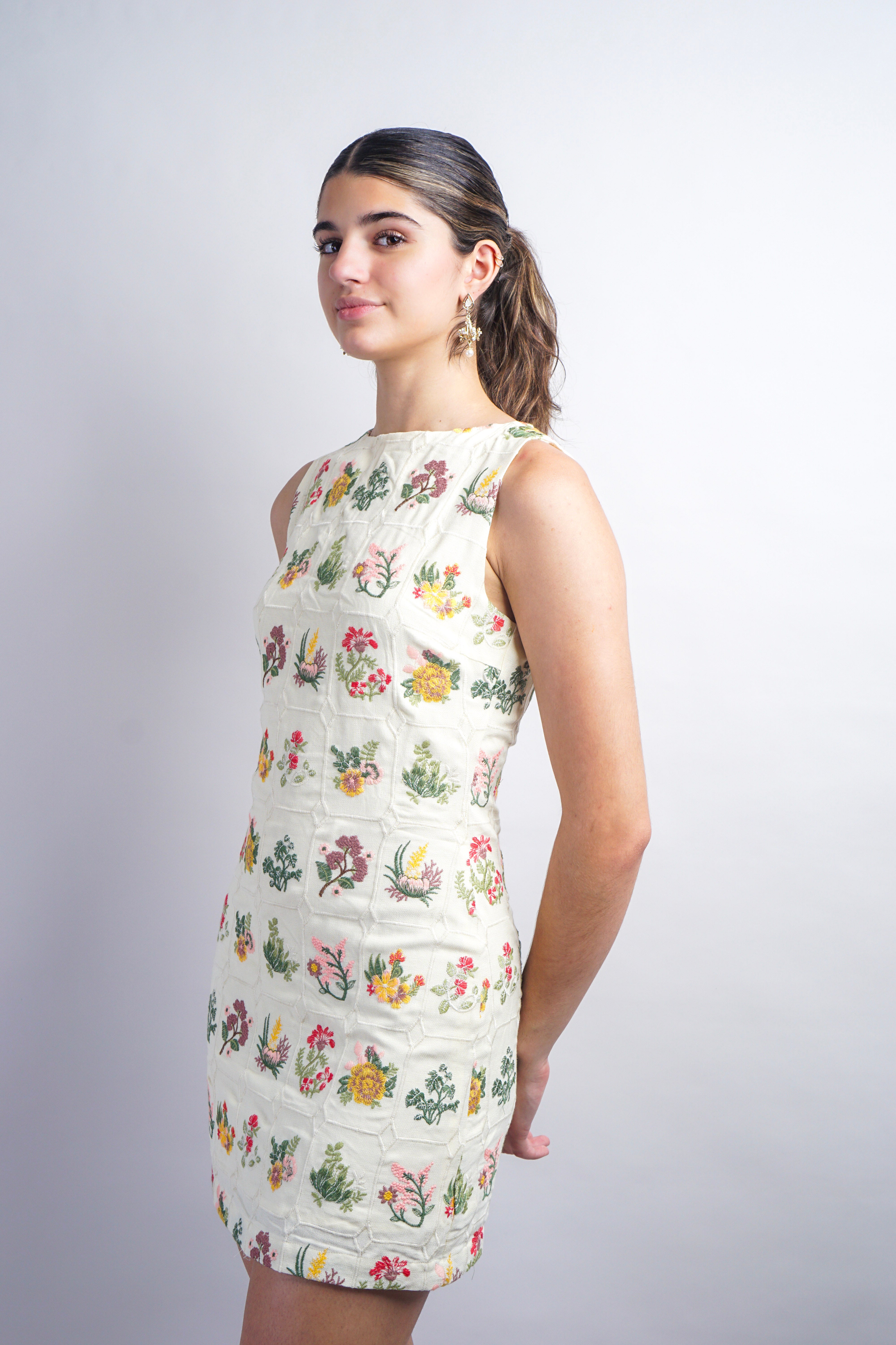 Cream Grid Embroidered Flower Sleeveless Mini Dress