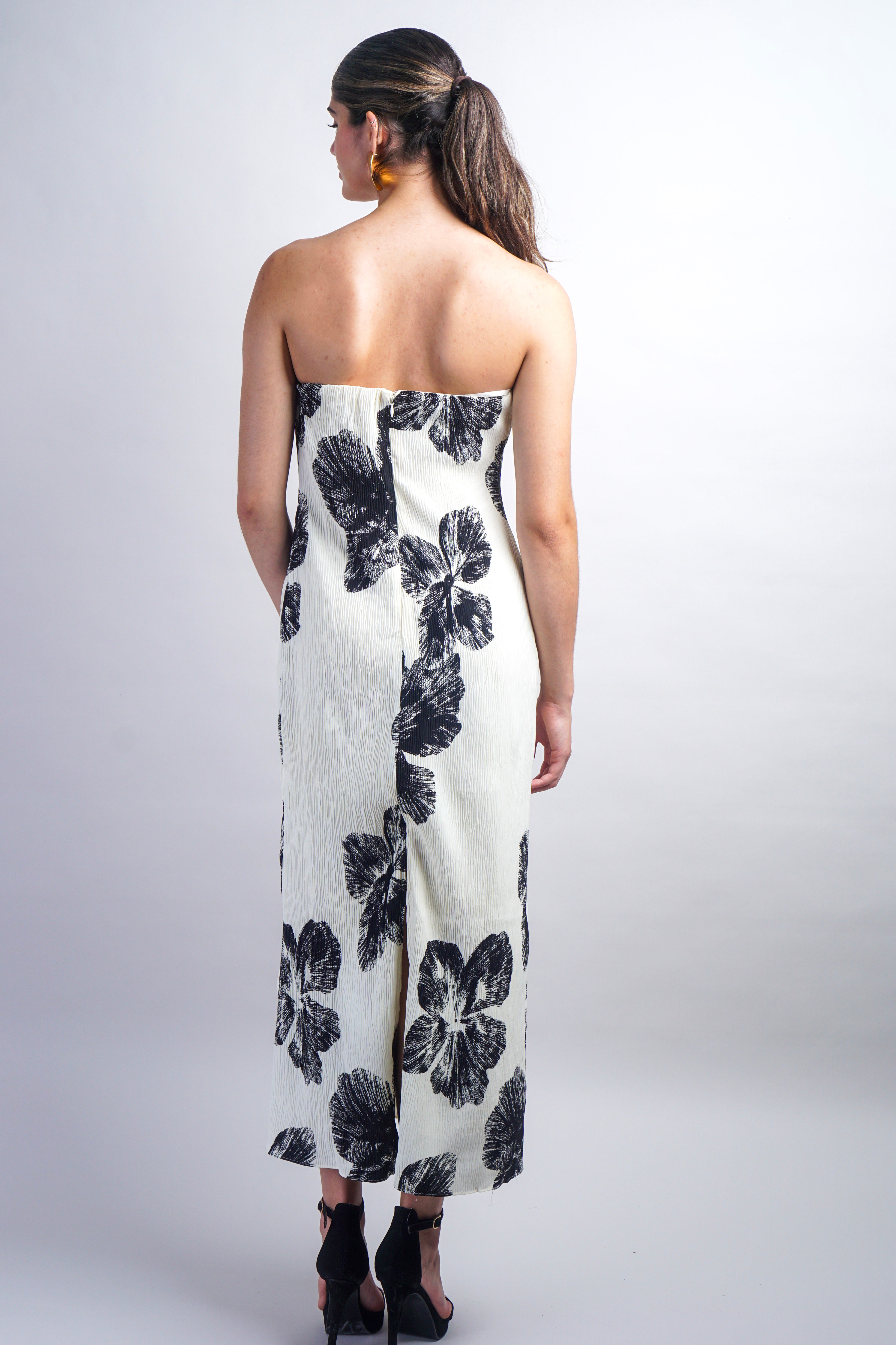 Ivory/Black Strapless Floral Maxi Dress