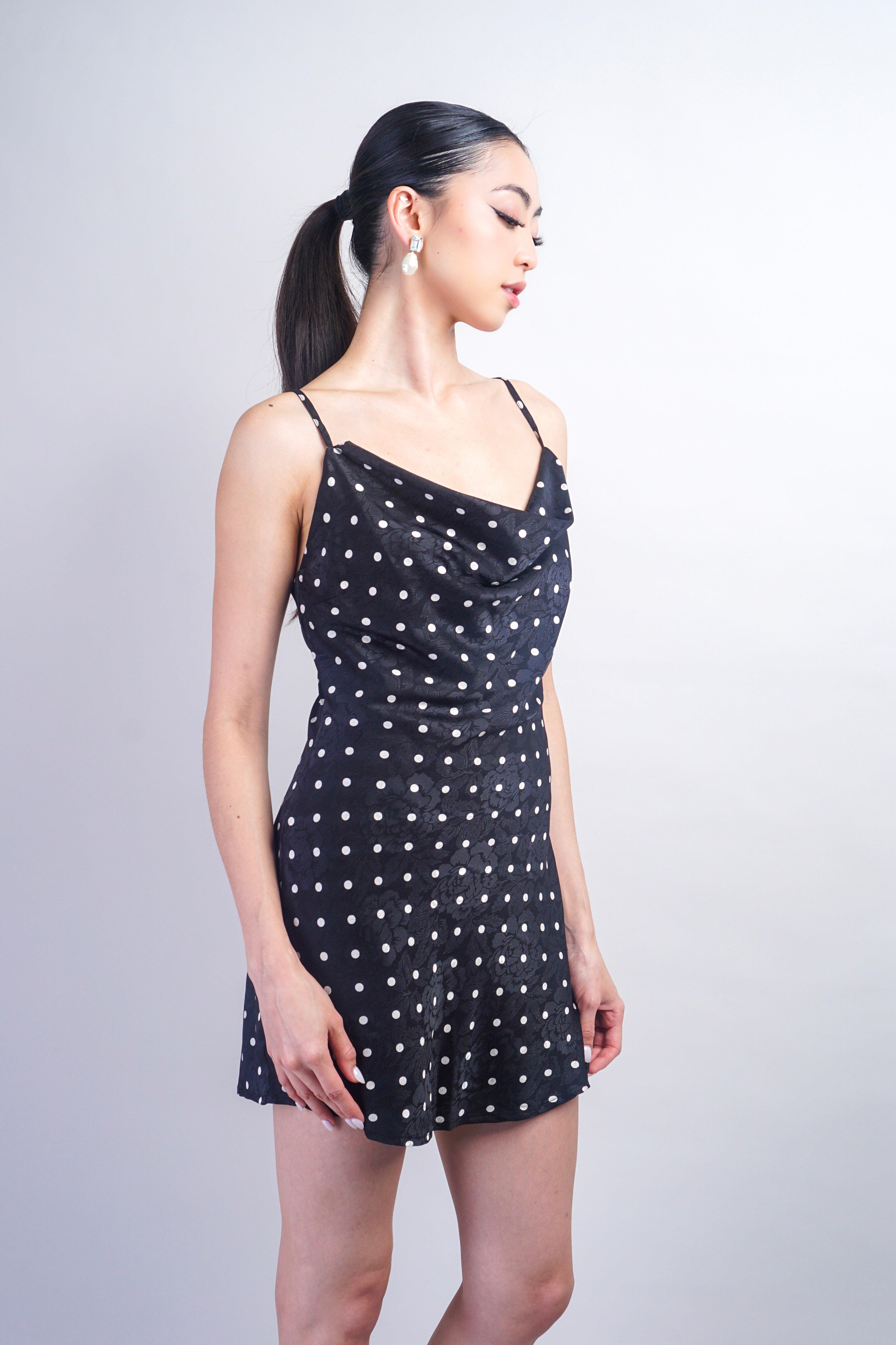 Black Floral Polka Dot Cowl Neck Bias Mini Dress