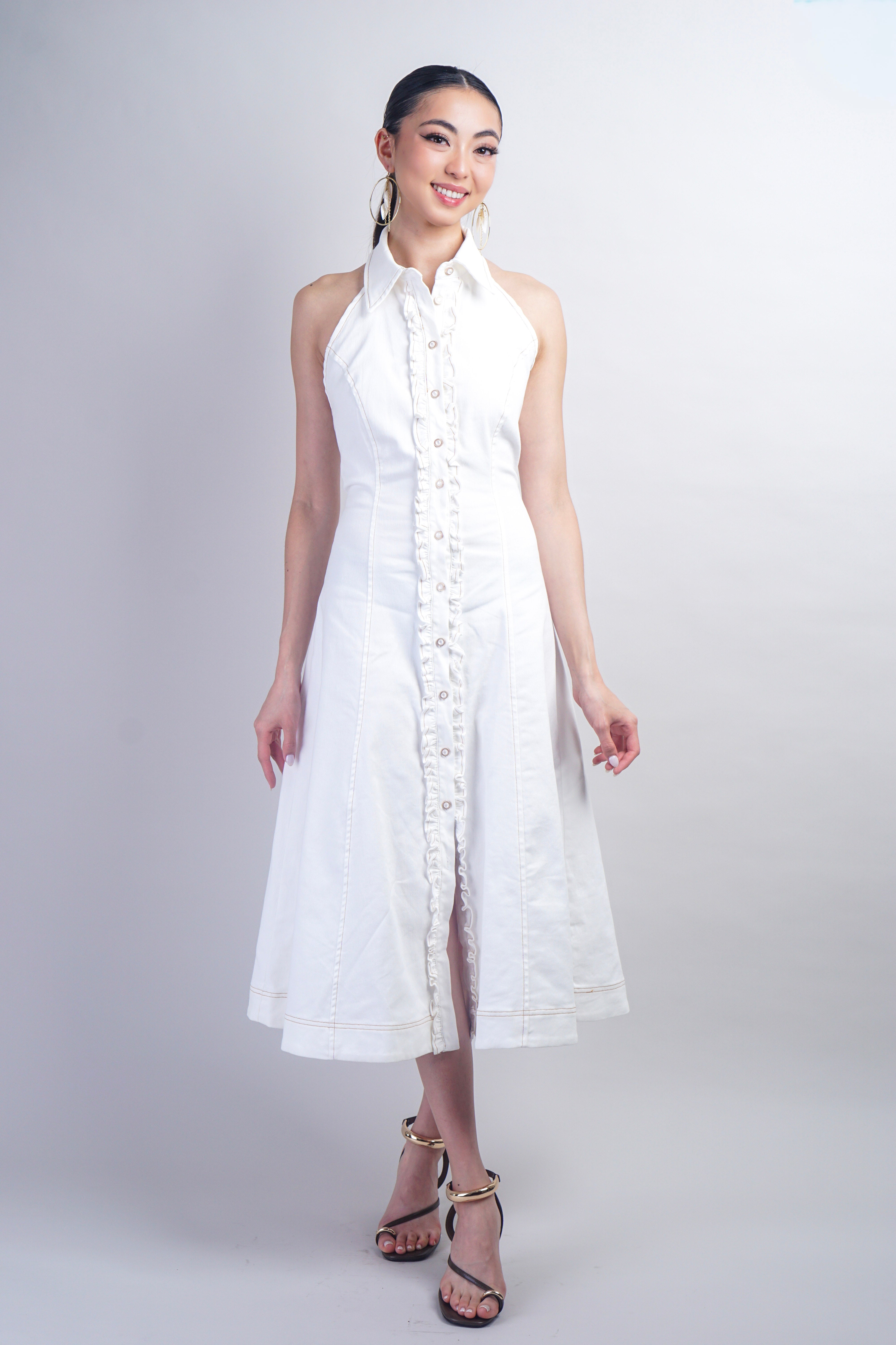 White Ruffle Trim Halter Collar Denim Dress with Belt