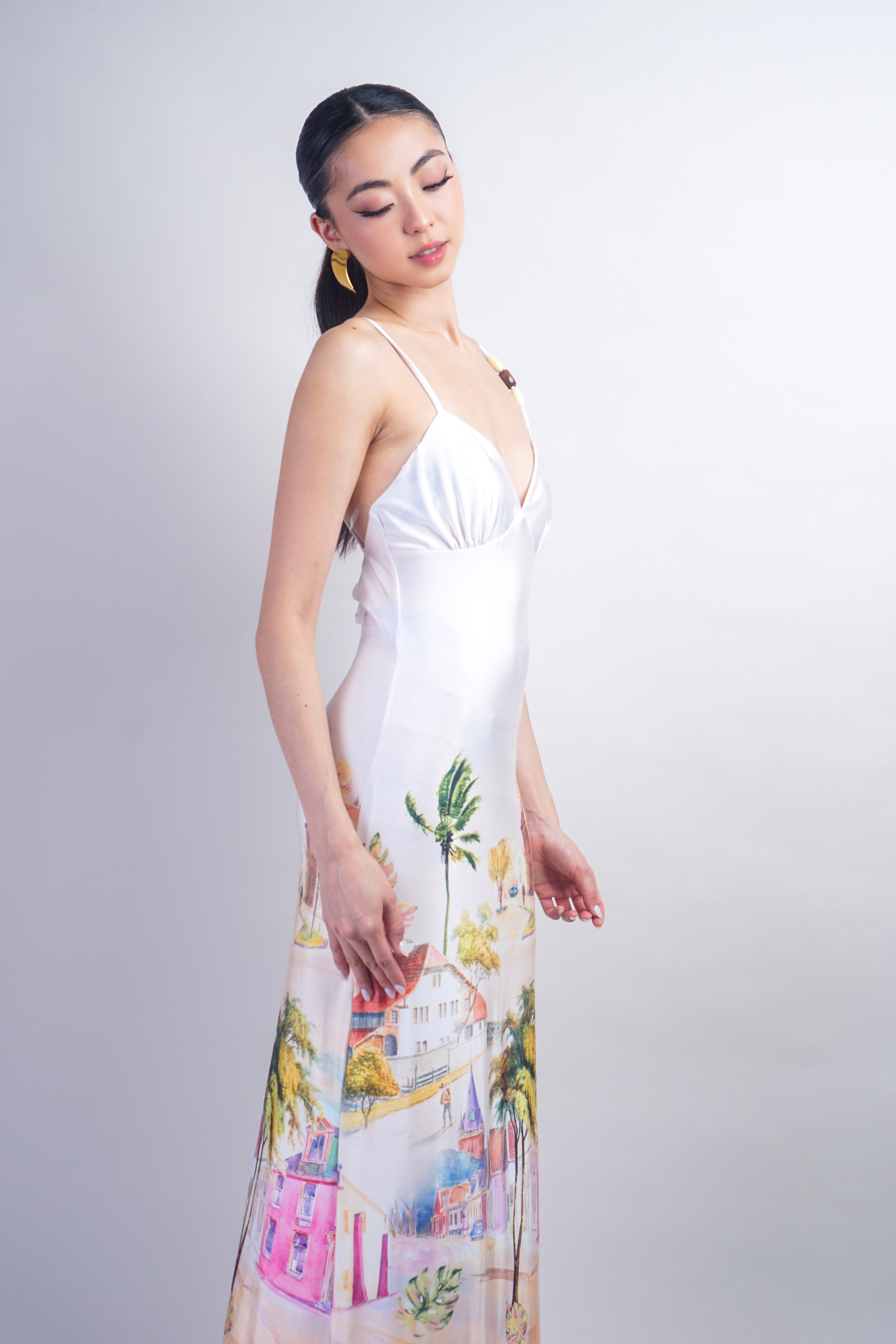Ivory Tropical Print Knit with Beads Maxi Dress