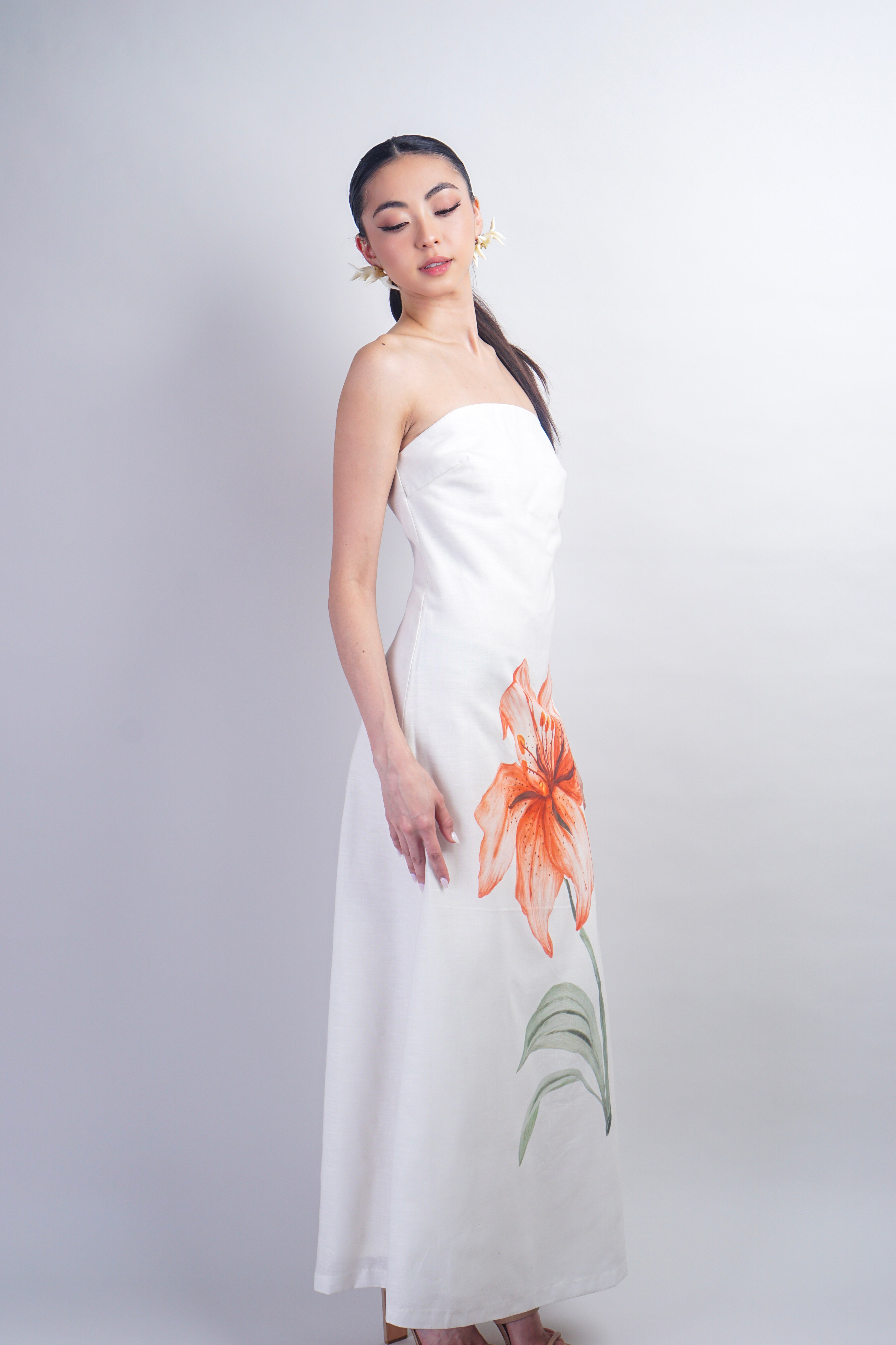 Ivory Strapless Flower Linen Maxi Dress