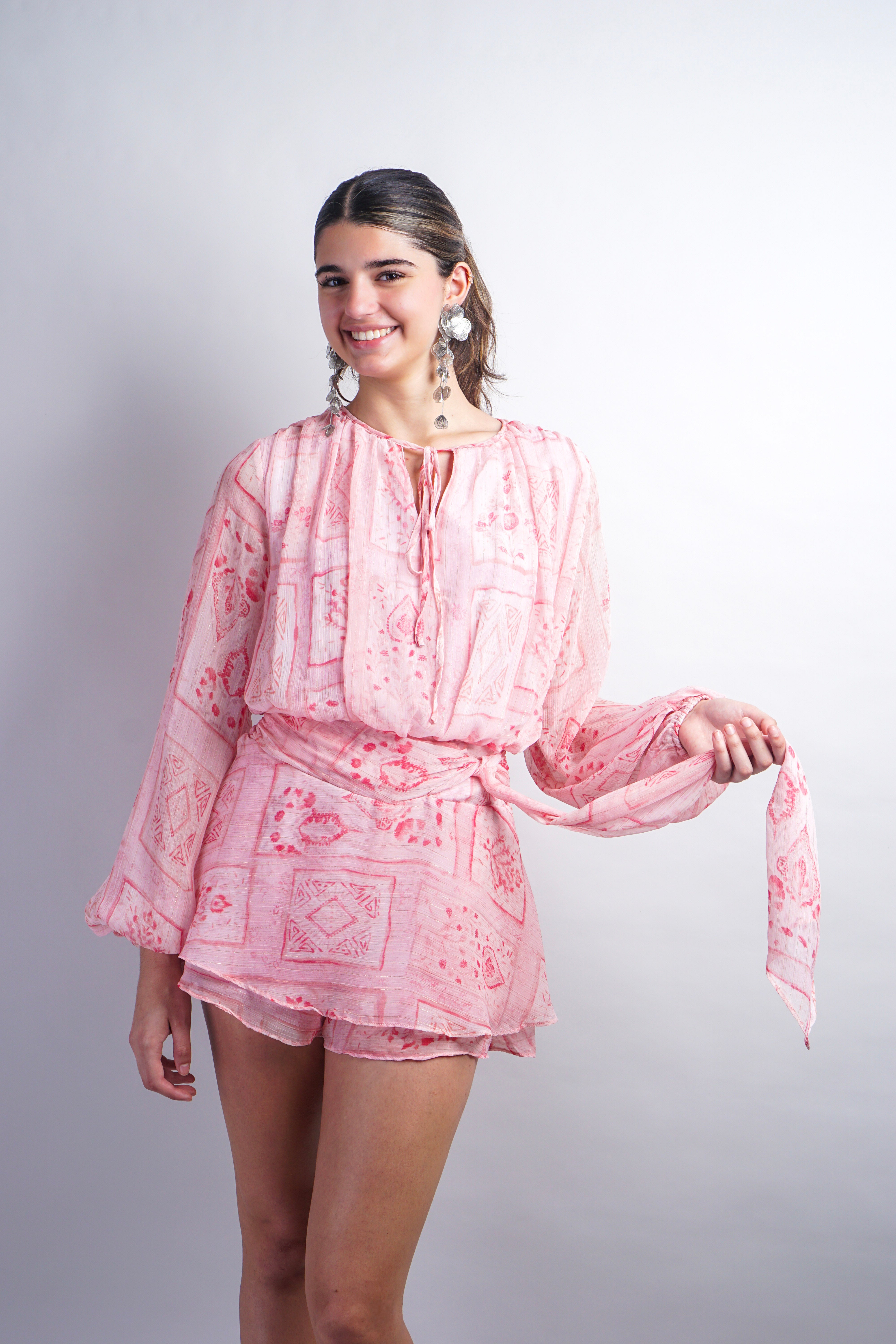 Pink Printed Long Sleeve Tied Romper