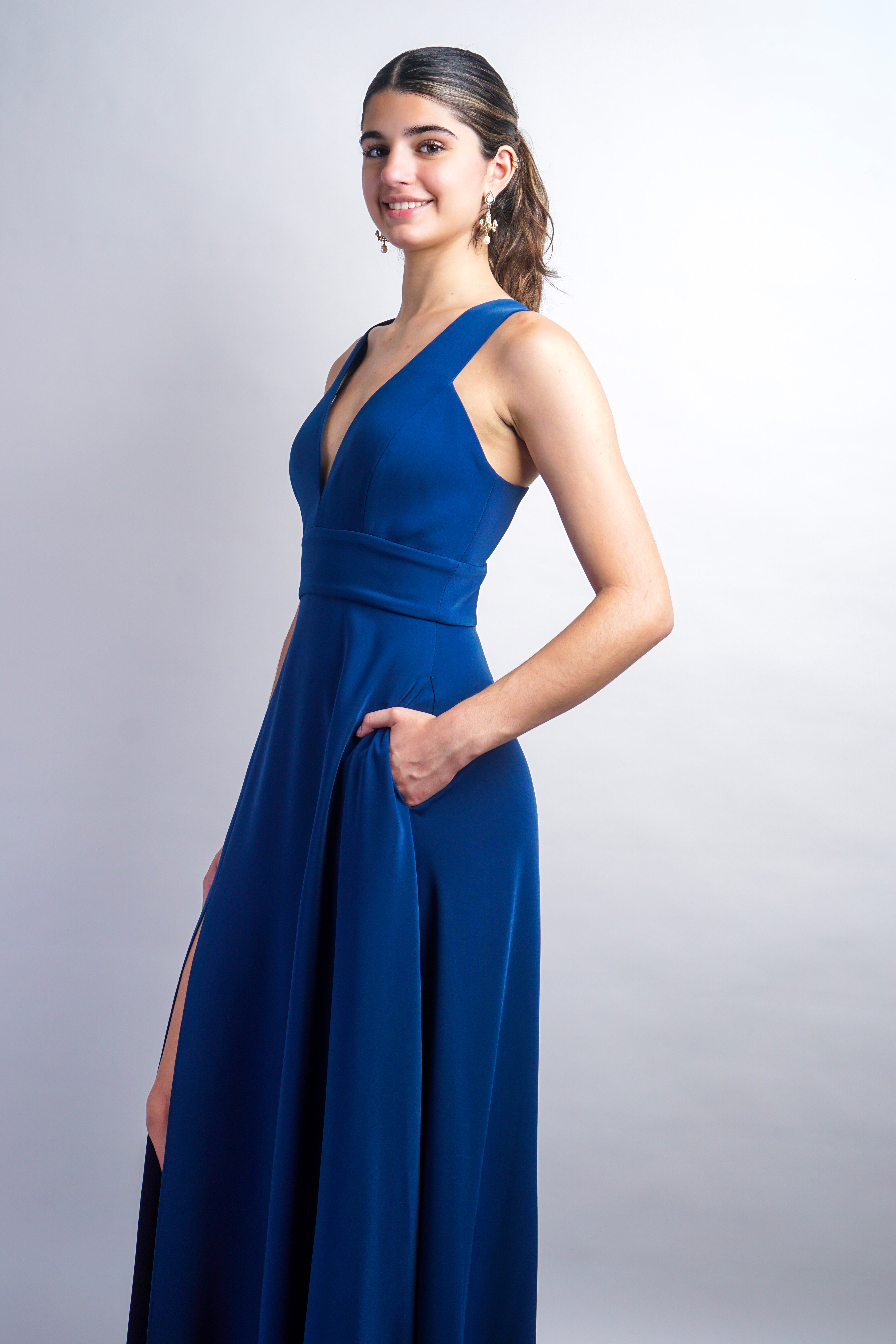 Dark Blue V Neck Front Slit Soraya Gown