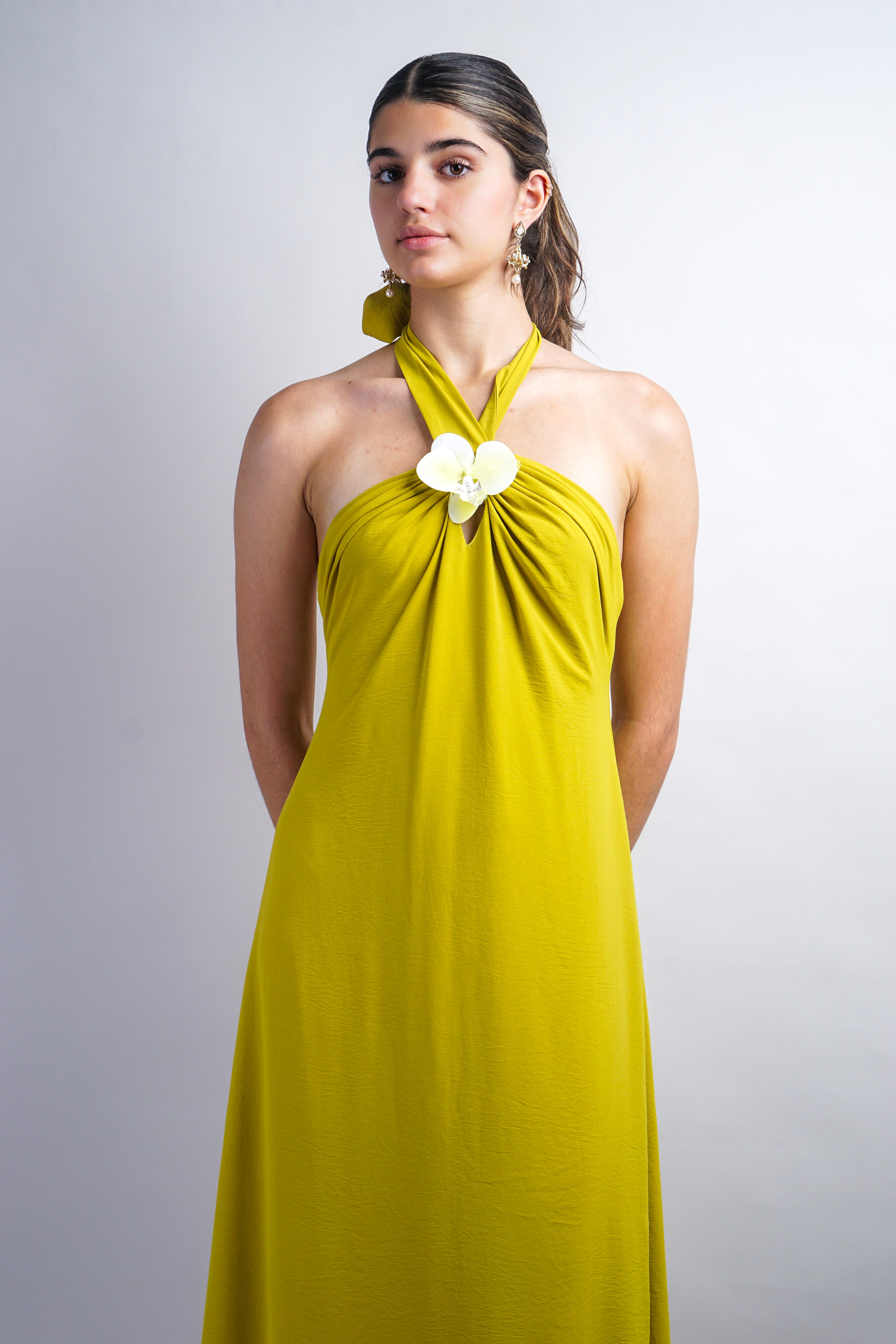 Citron Orchid Flower Neck Detail Maxi Dress