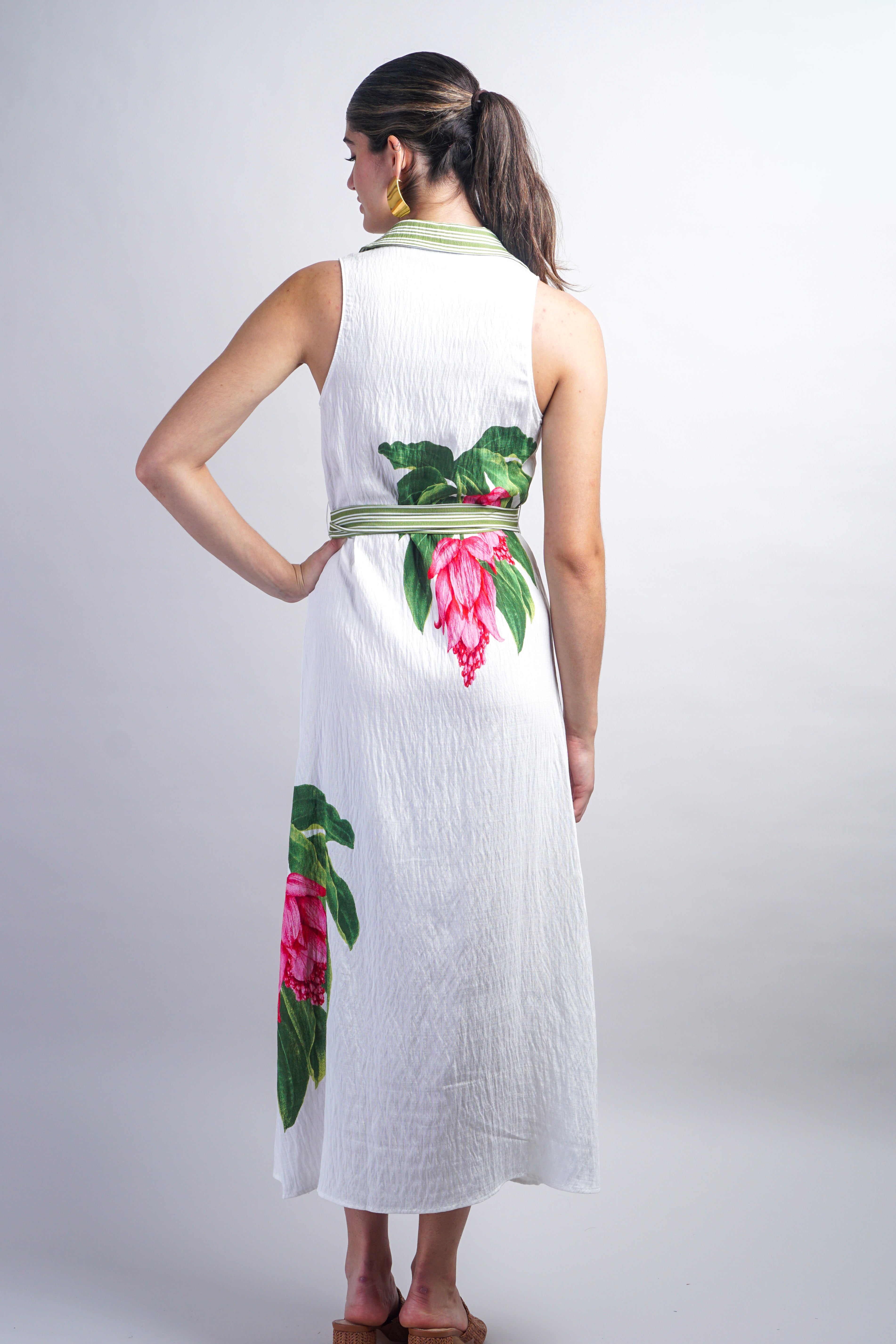 Green Ivory Stripe Pink Flower Shirt Dress