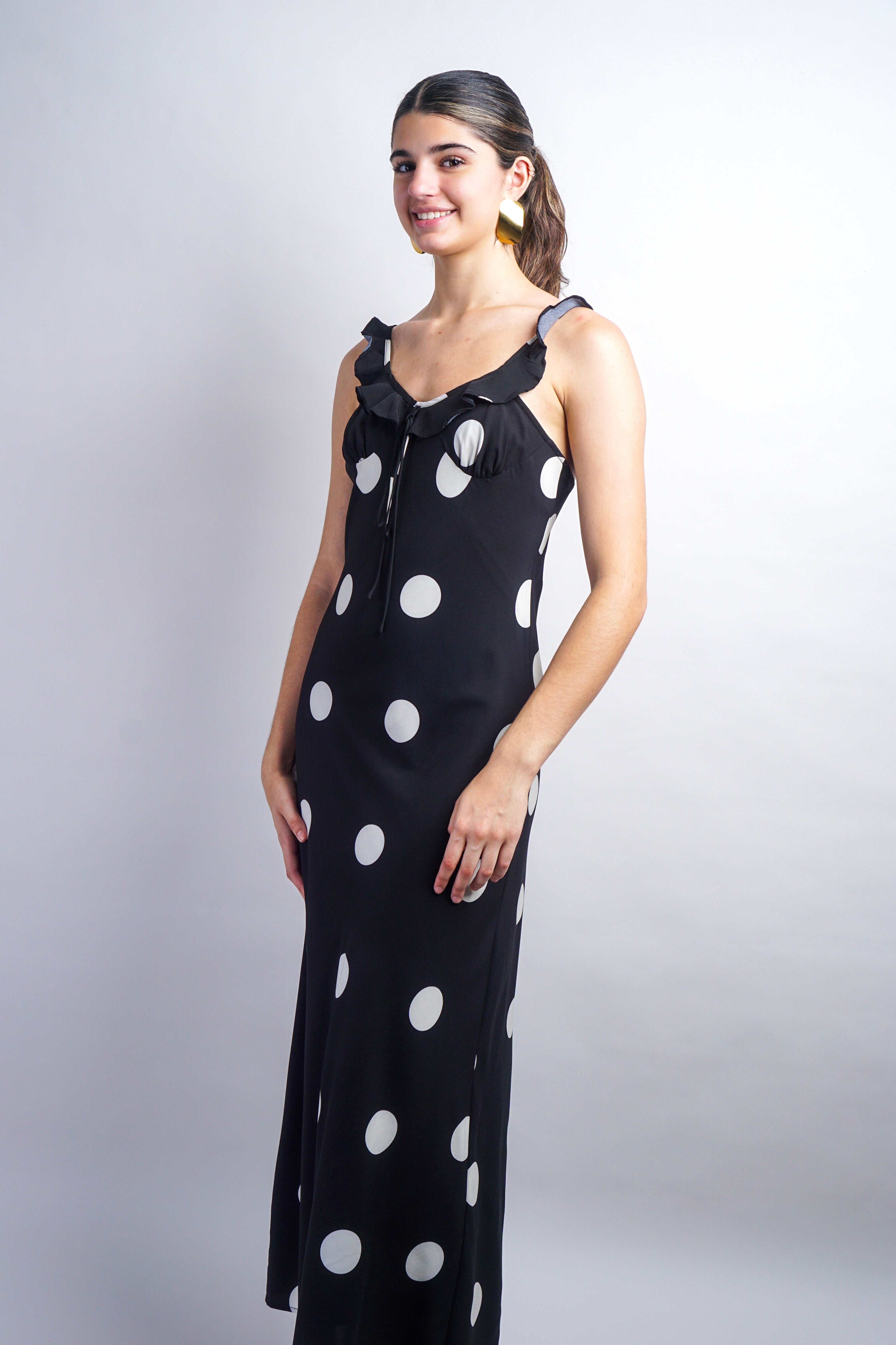 Black Piper Dress - Satin Midi Slip Dress In Dot
