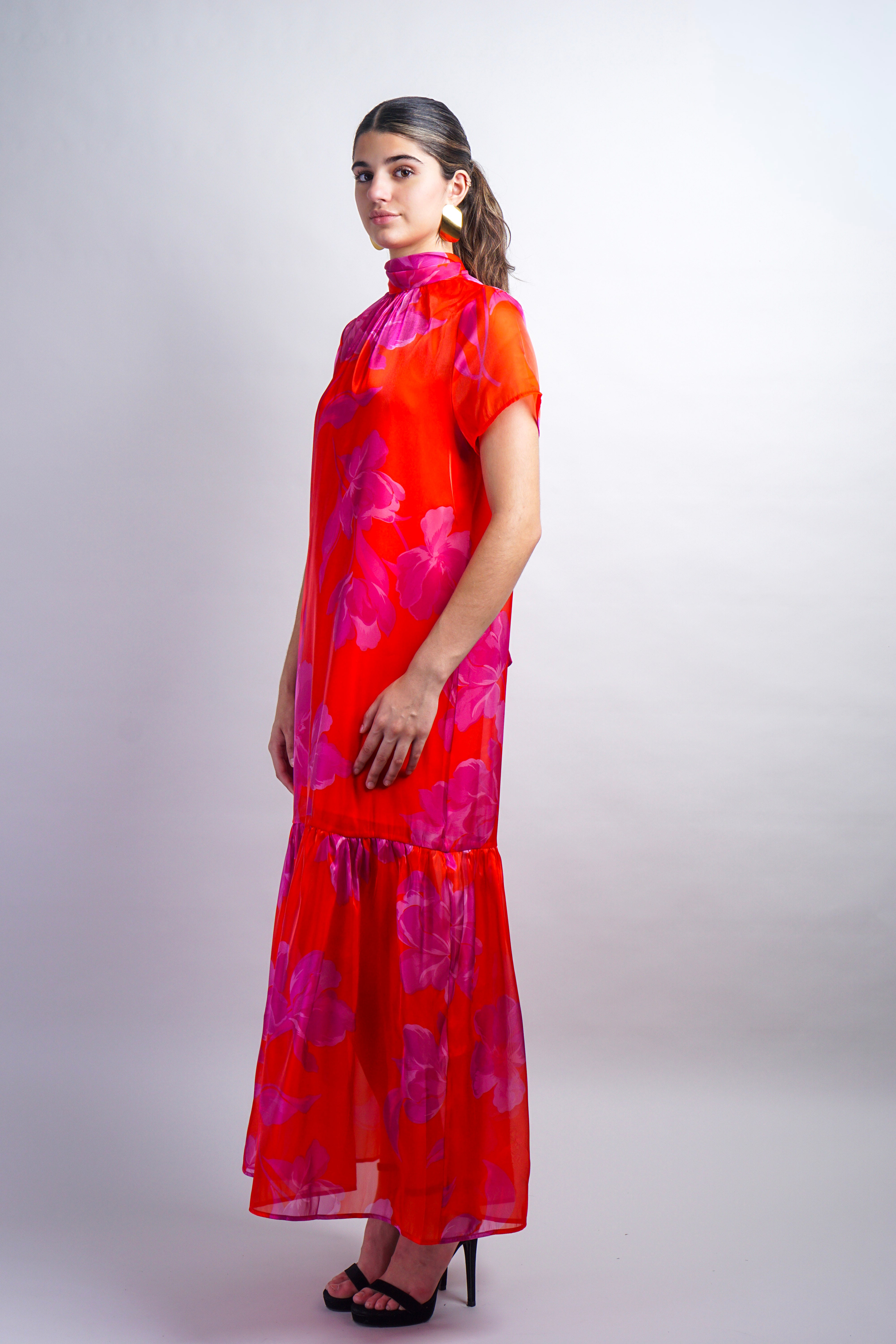 Red-Fuchsia Organza Mock Neck Maxi Dress