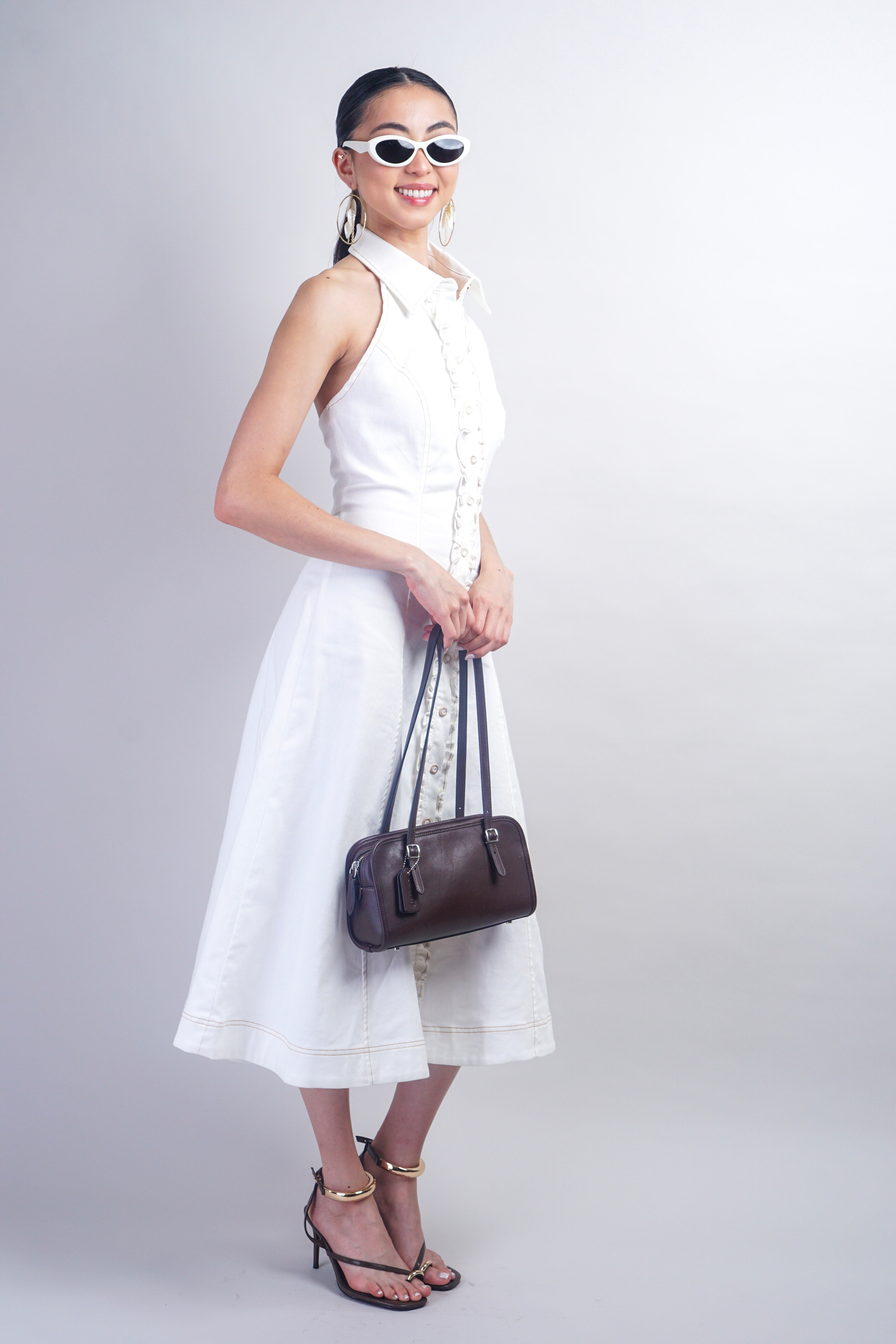 White Ruffle Trim Halter Collar Denim Dress with Belt