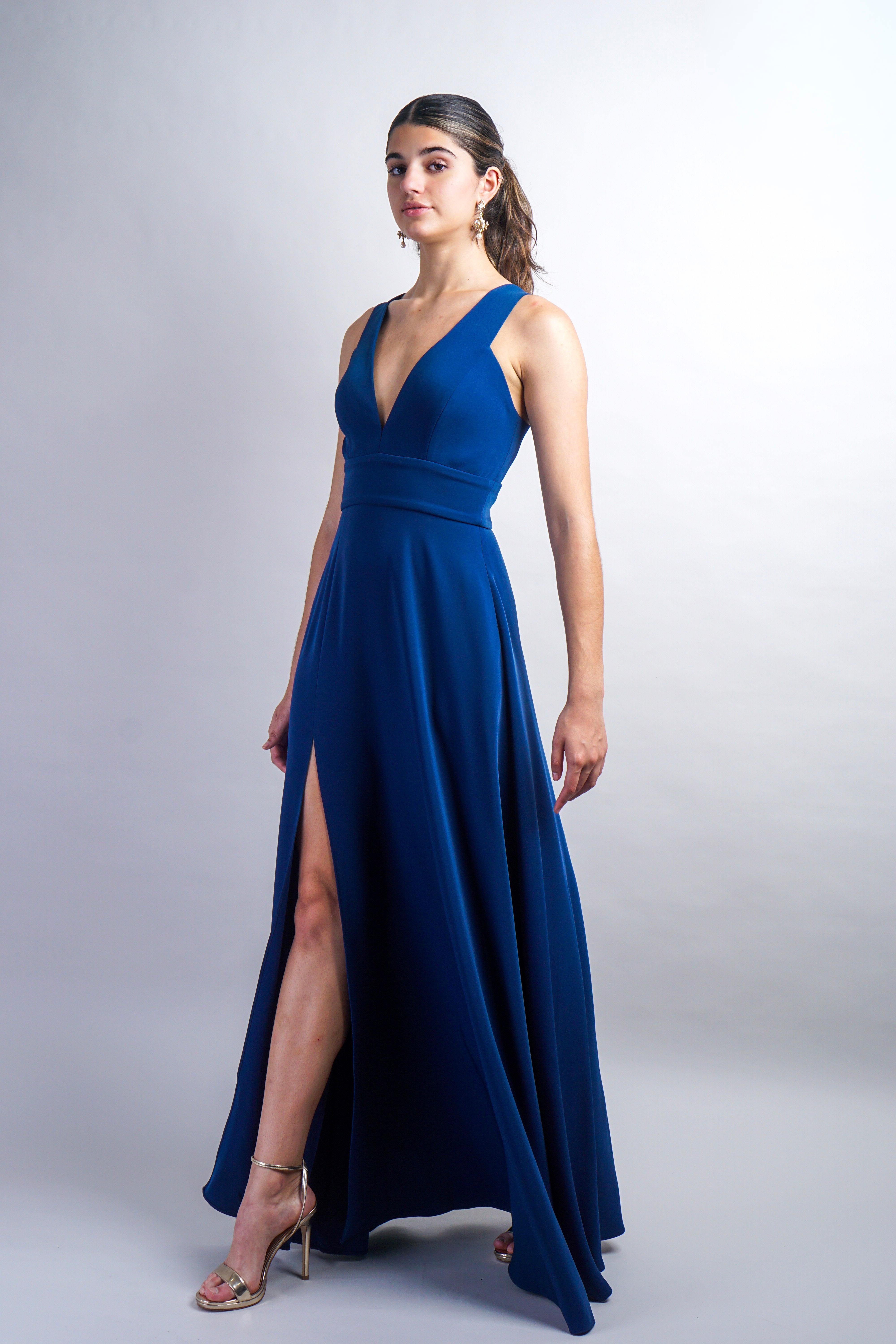 Dark Blue V Neck Front Slit Soraya Gown