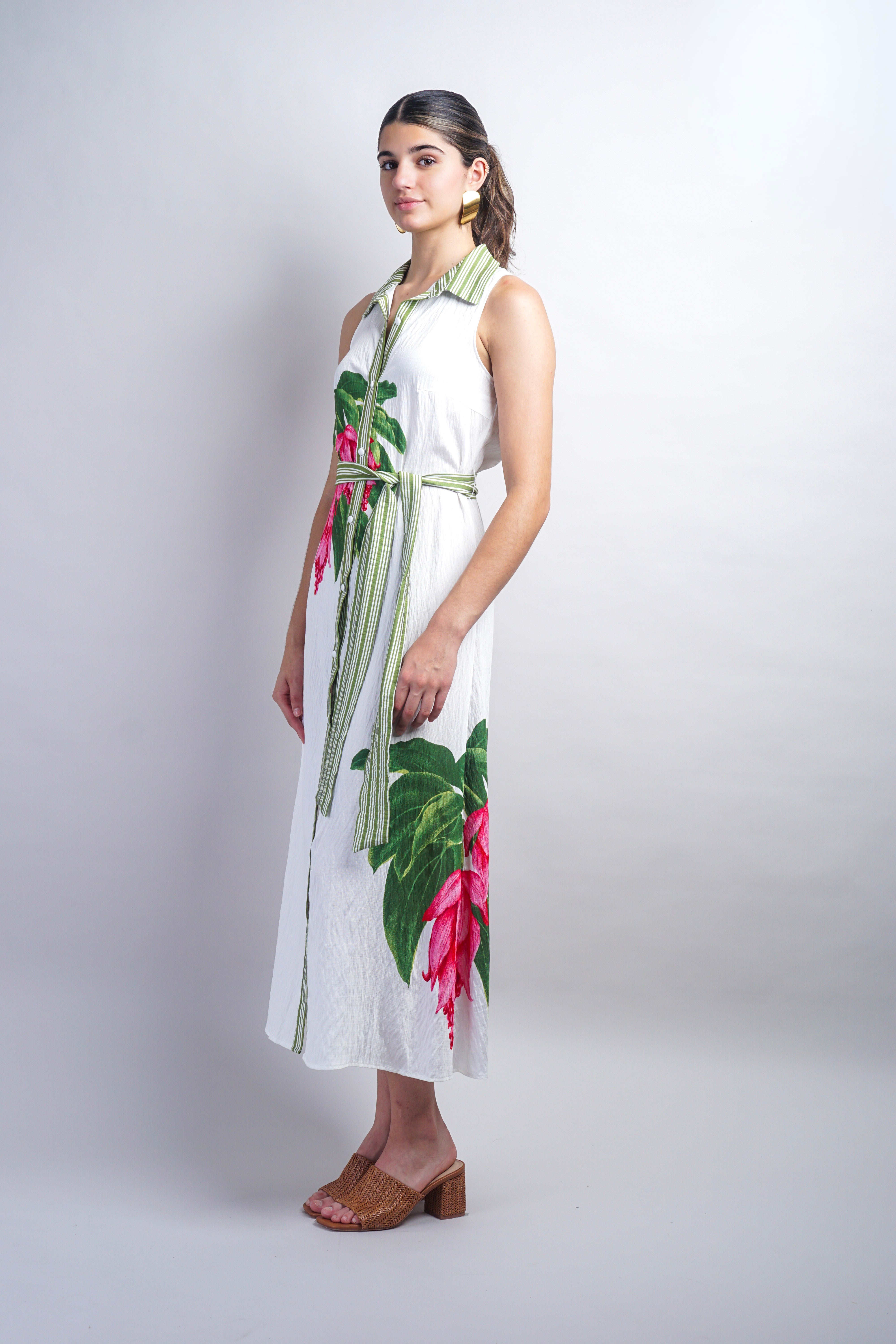 Green Ivory Stripe Pink Flower Shirt Dress