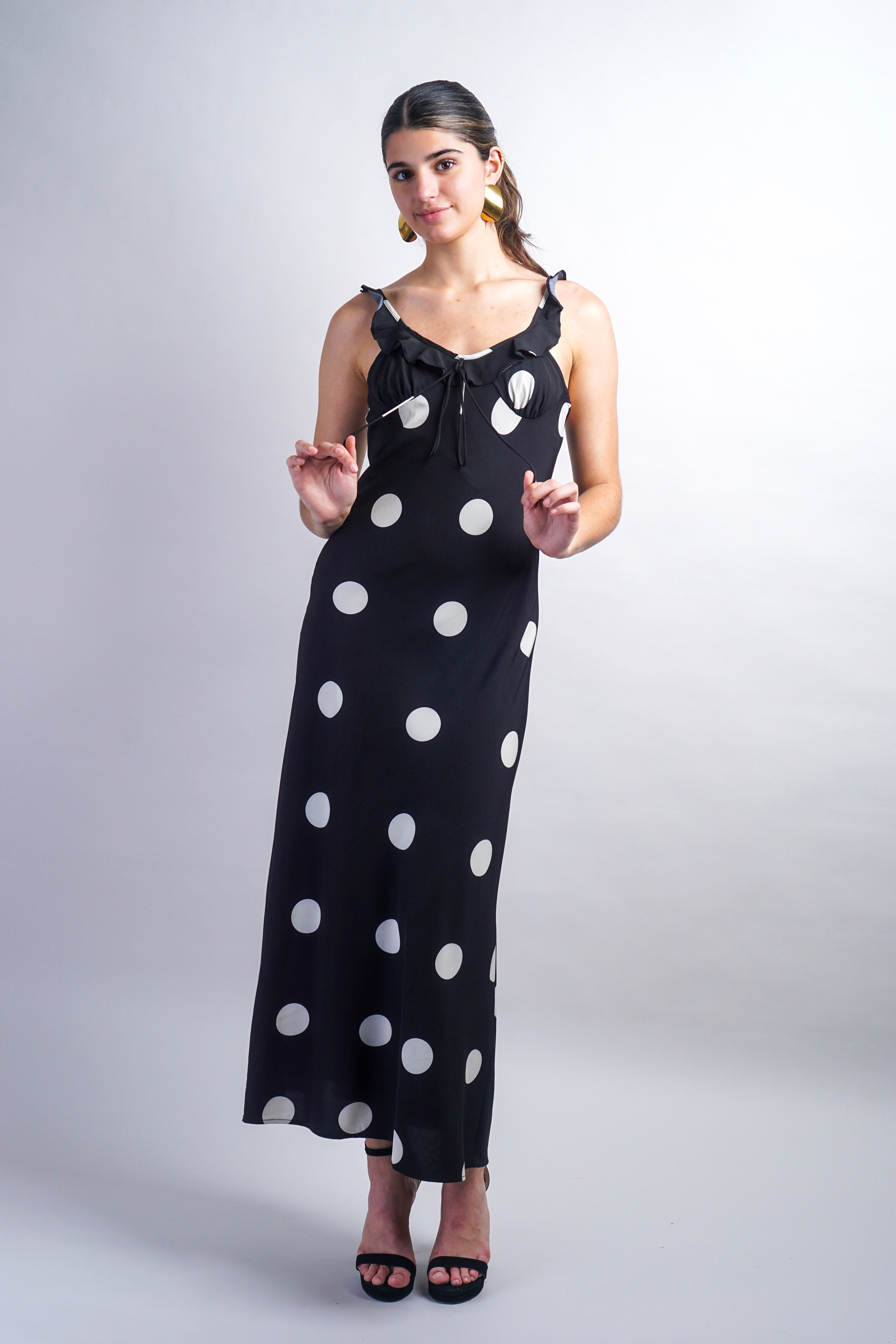 Black Piper Dress - Satin Midi Slip Dress In Dot
