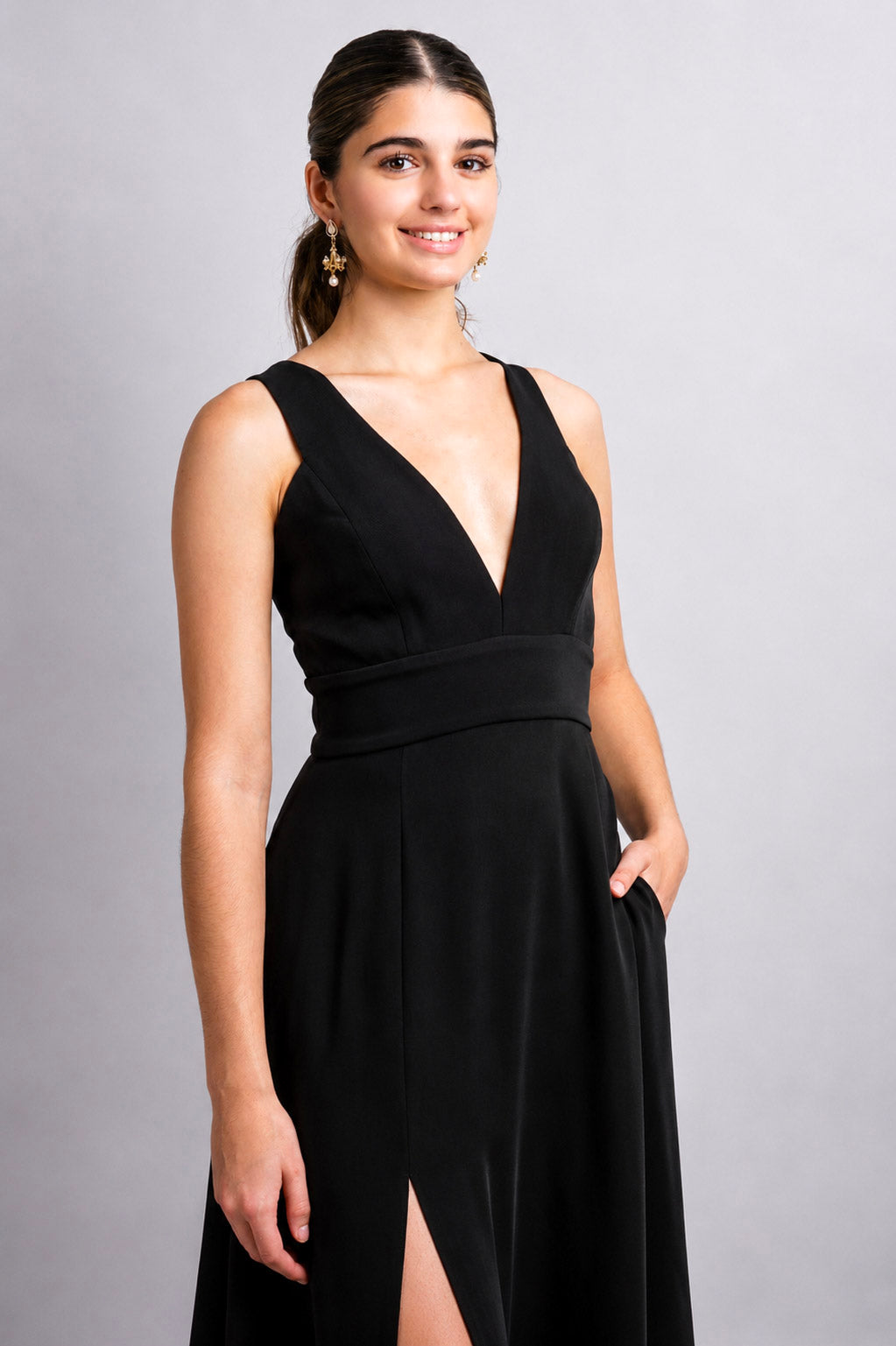 Black V Neck Front Slit Soraya Gown