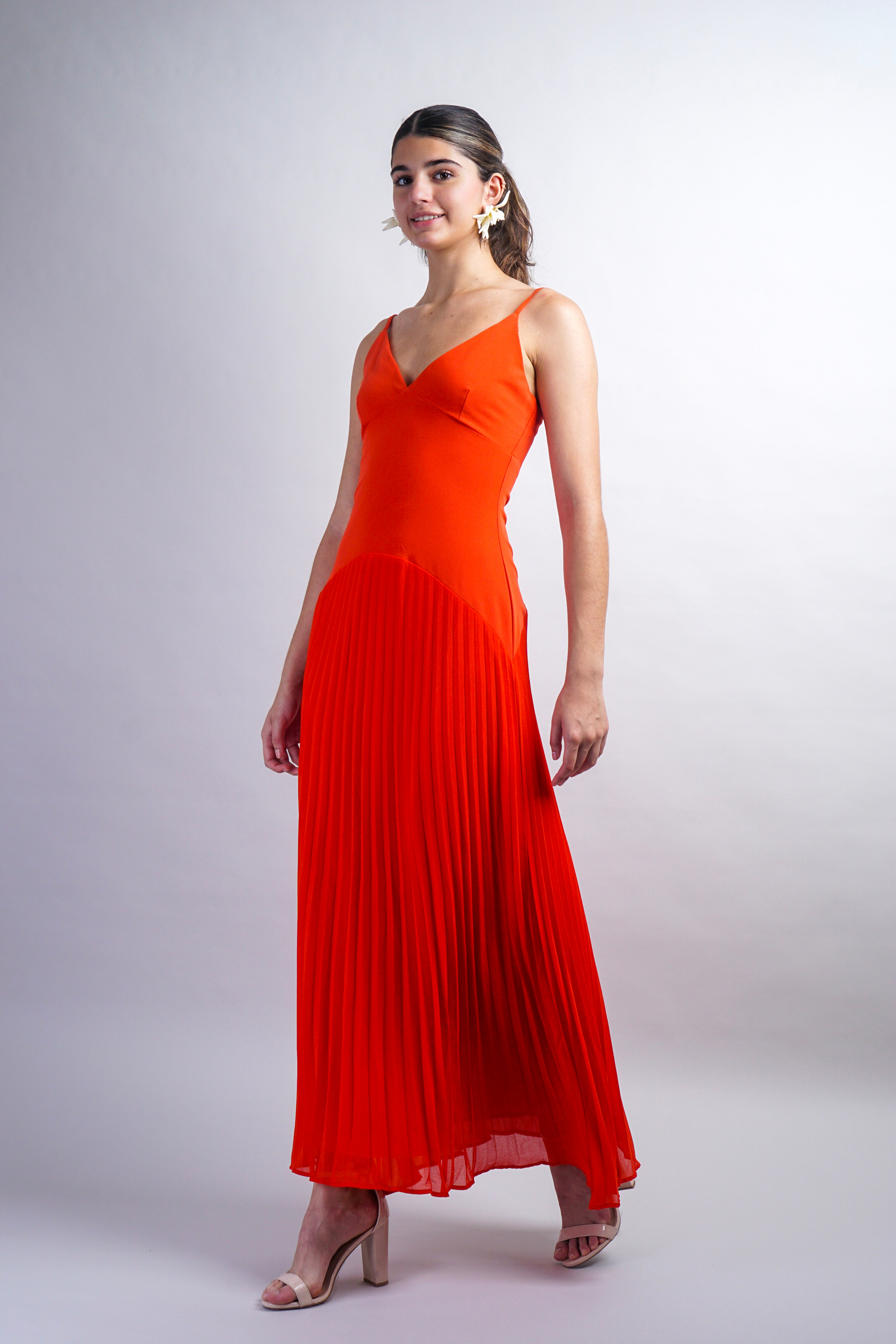 Orange Drop Waist Pleated Midi Dress