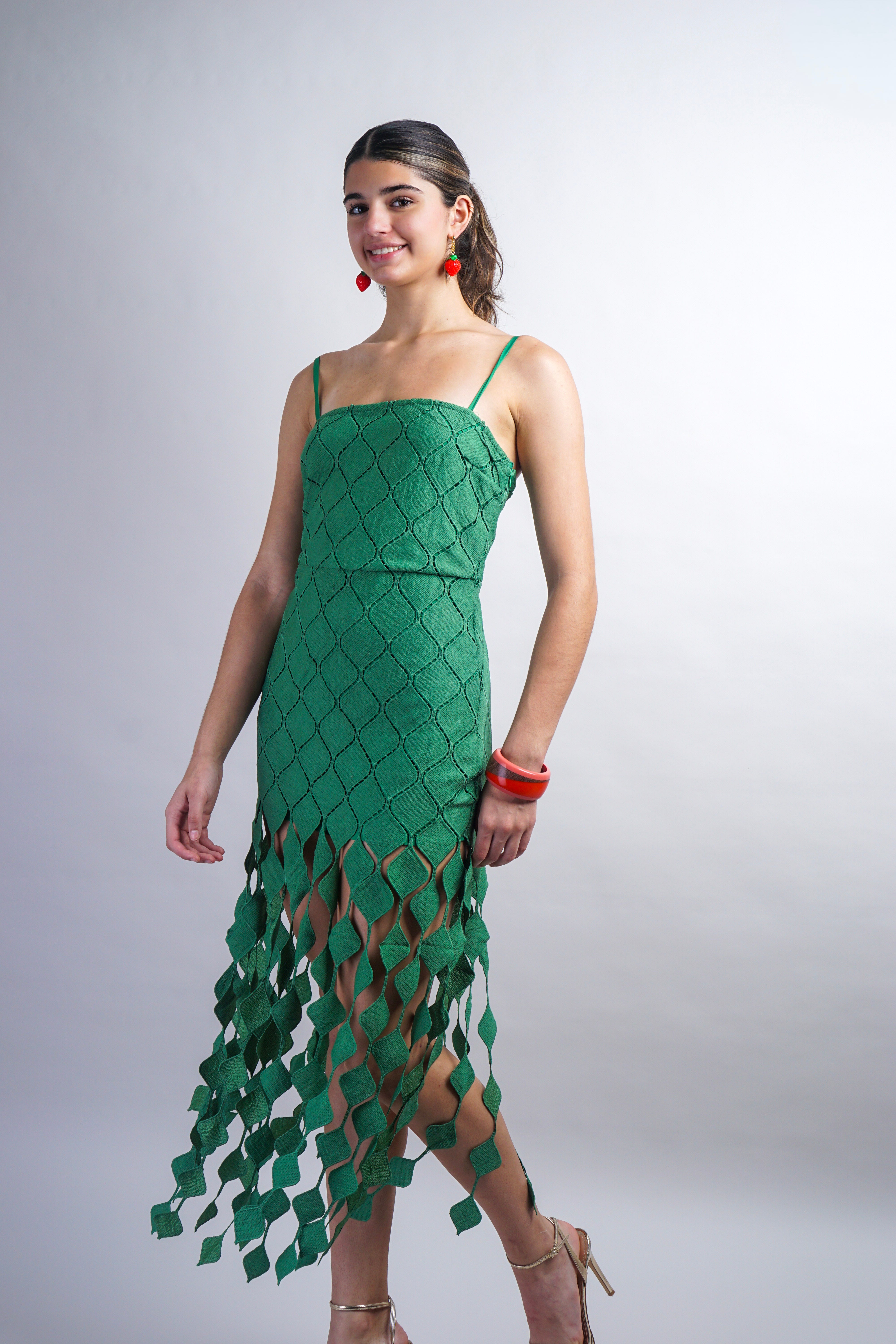 Green Strappy Mini Dress W/ Diamond Drop Trim