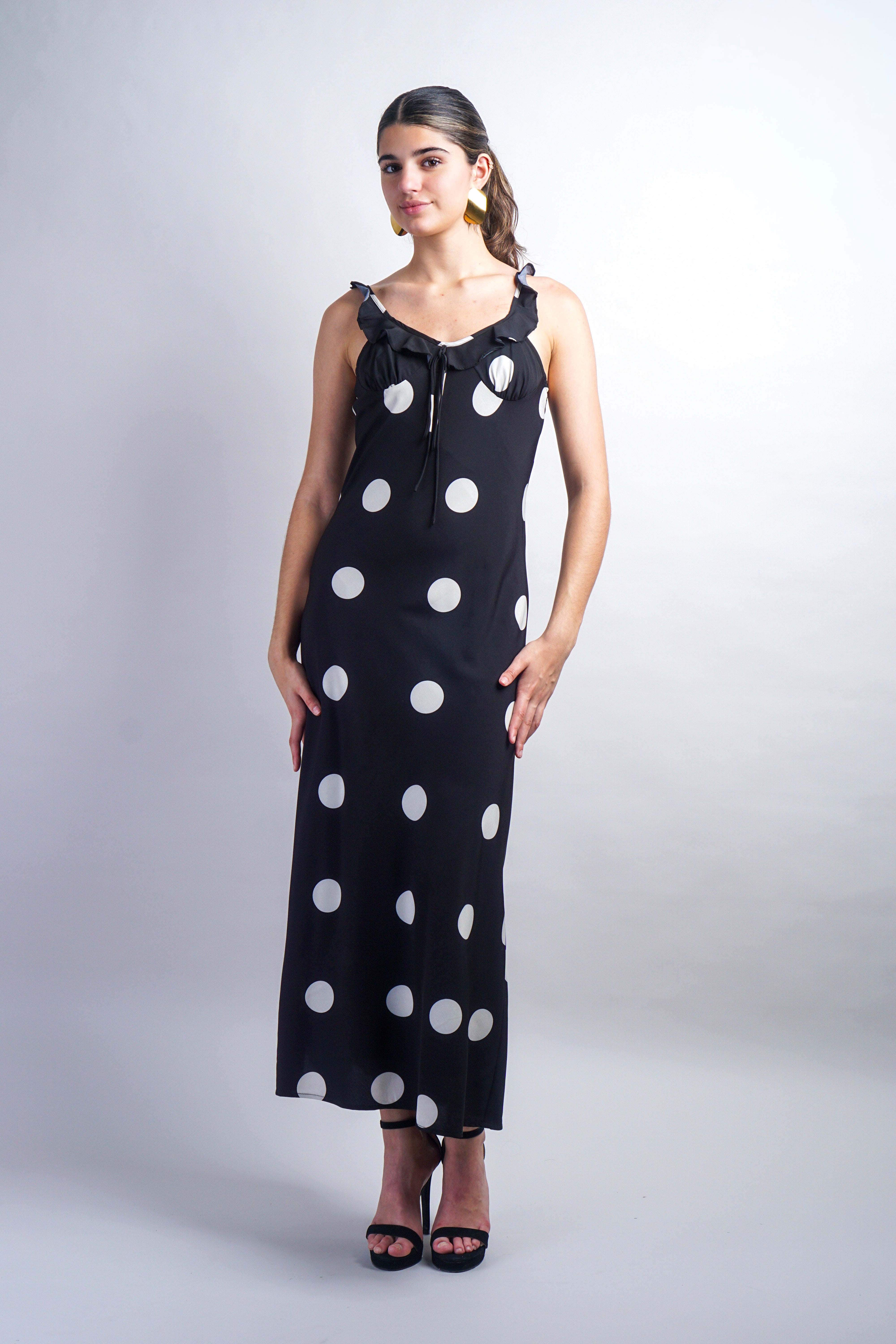 Black Piper Dress - Satin Midi Slip Dress In Dot