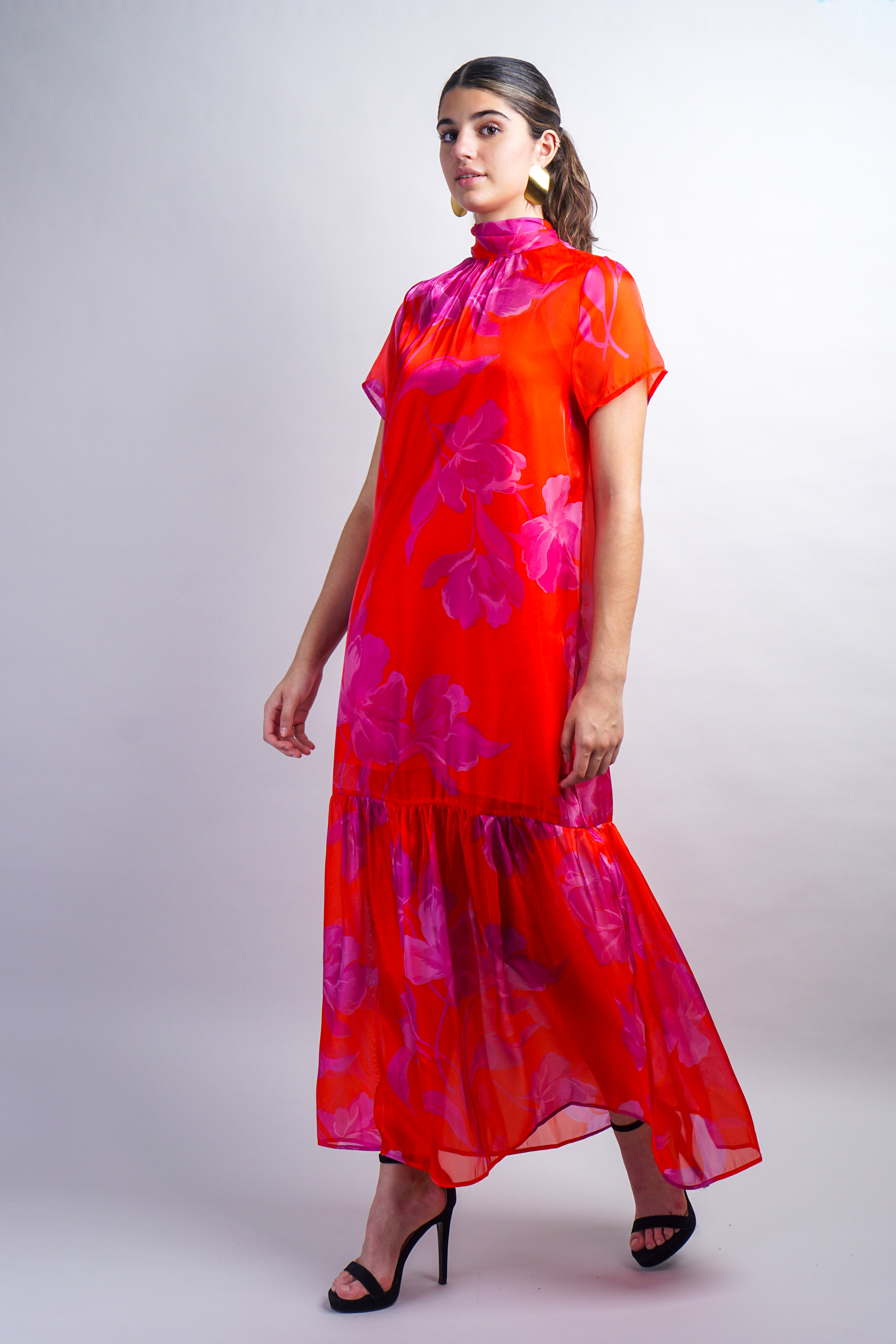Red-Fuchsia Organza Mock Neck Maxi Dress