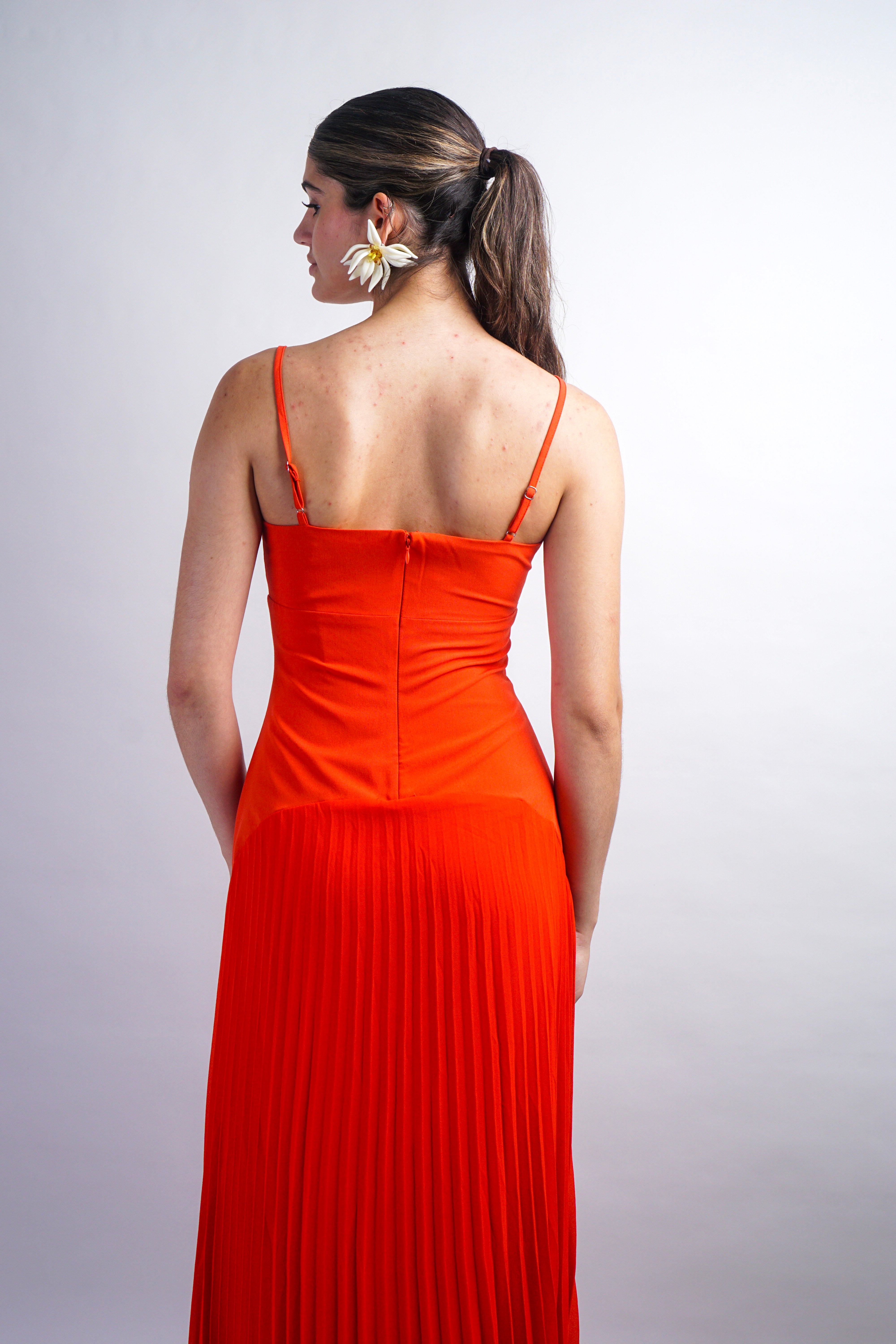 Orange Drop Waist Pleated Midi Dress