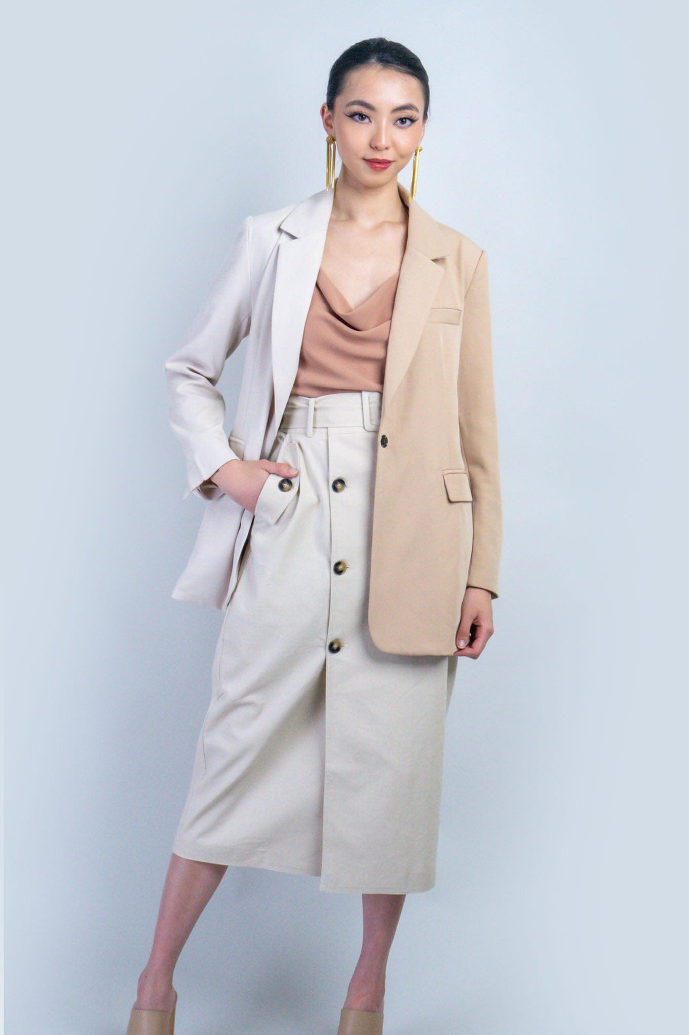 Beige and Khaki Color Block Blazer, Work wear, fall layers