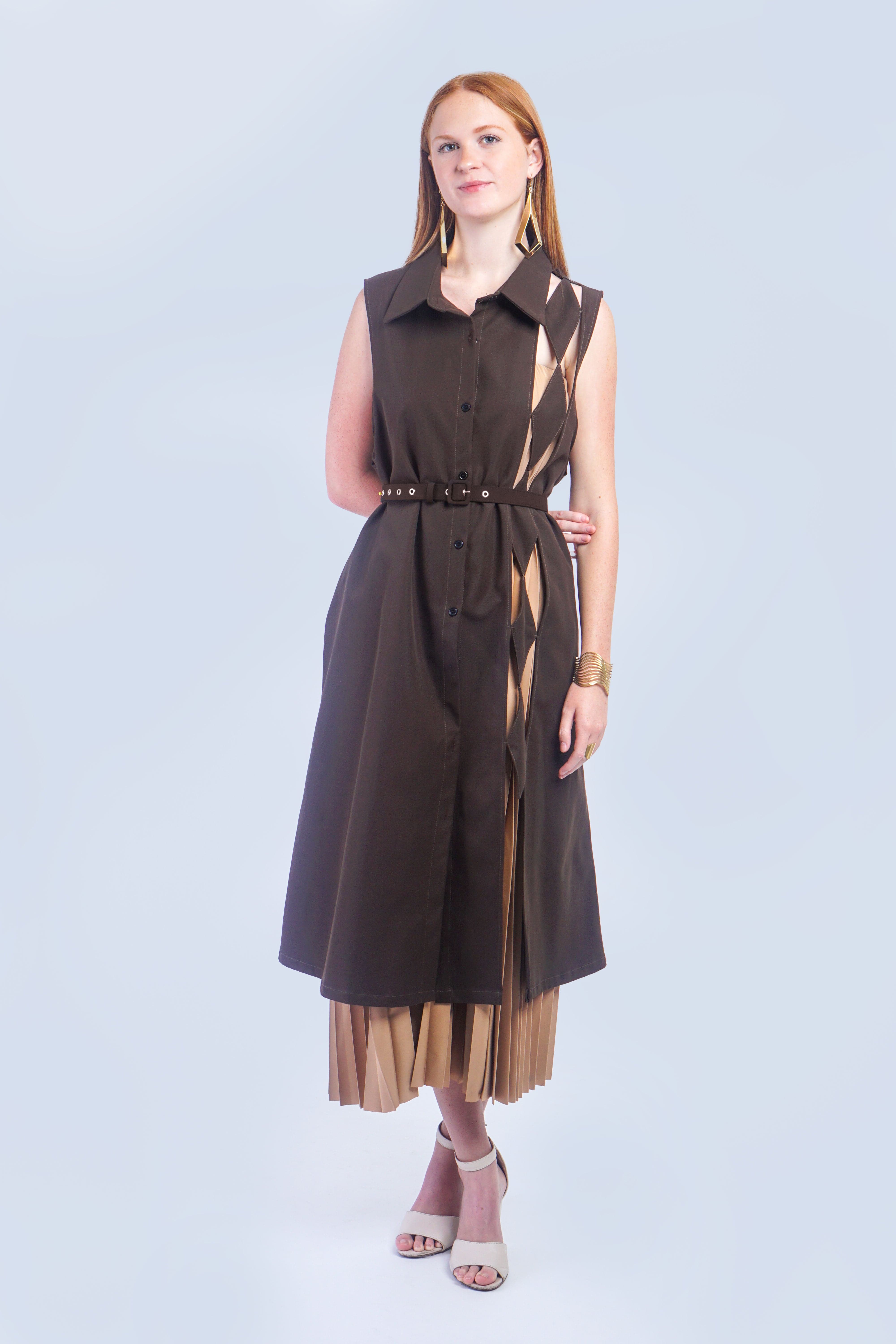 Brown Vest Dress with laser cut diamond detail. Fall layers