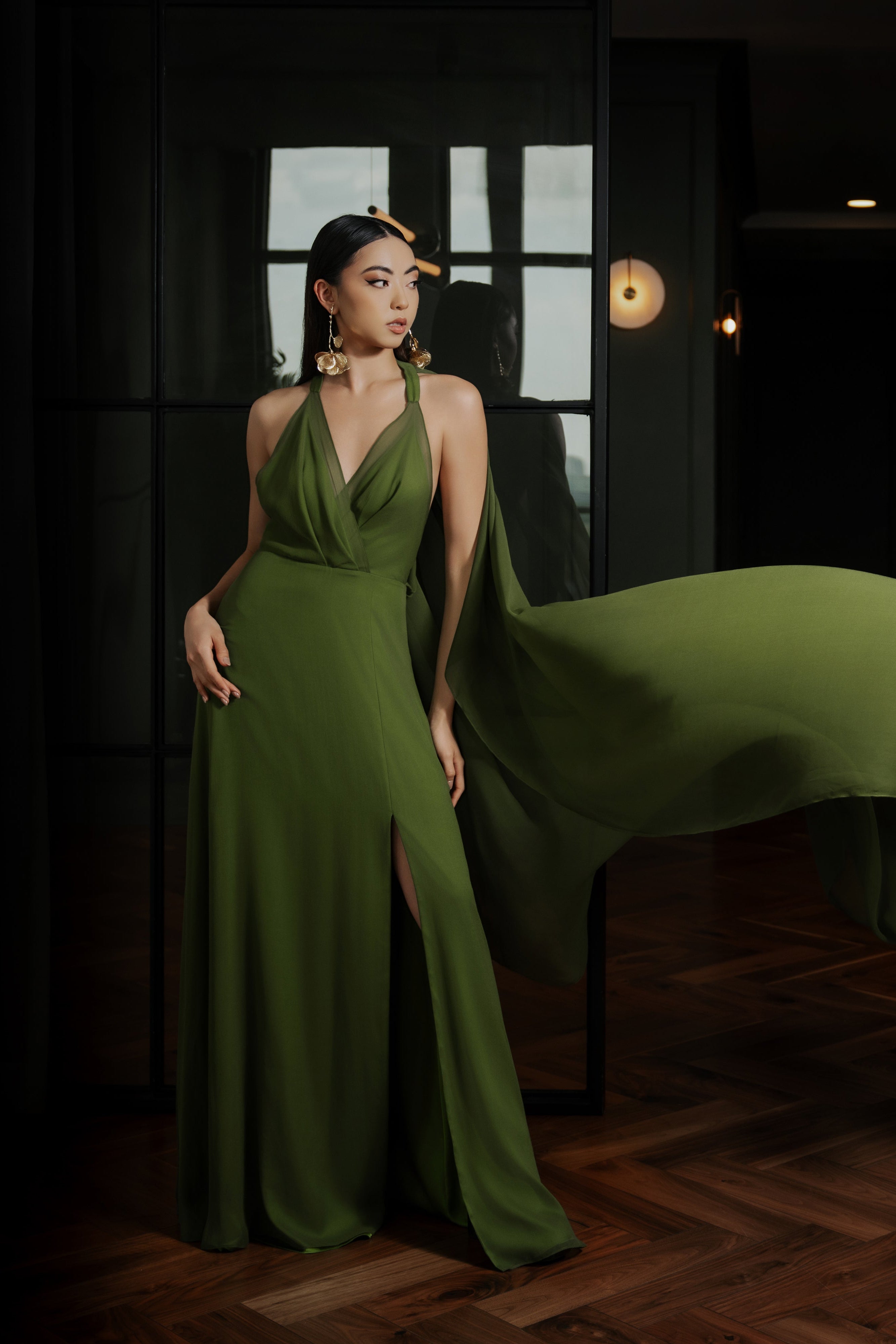 Olive Green Silk Chiffon Harlow Gown