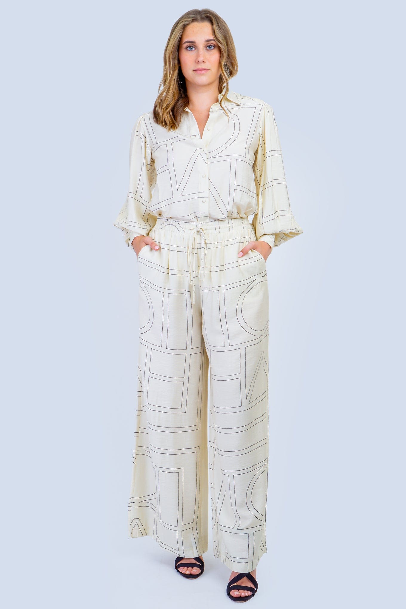 DCD PANTS Cream and Black Linear Abstract Pants