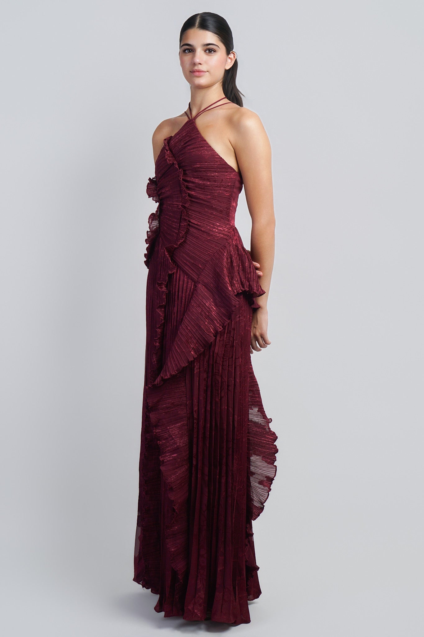 Burgundy Floral Ruffle Gown